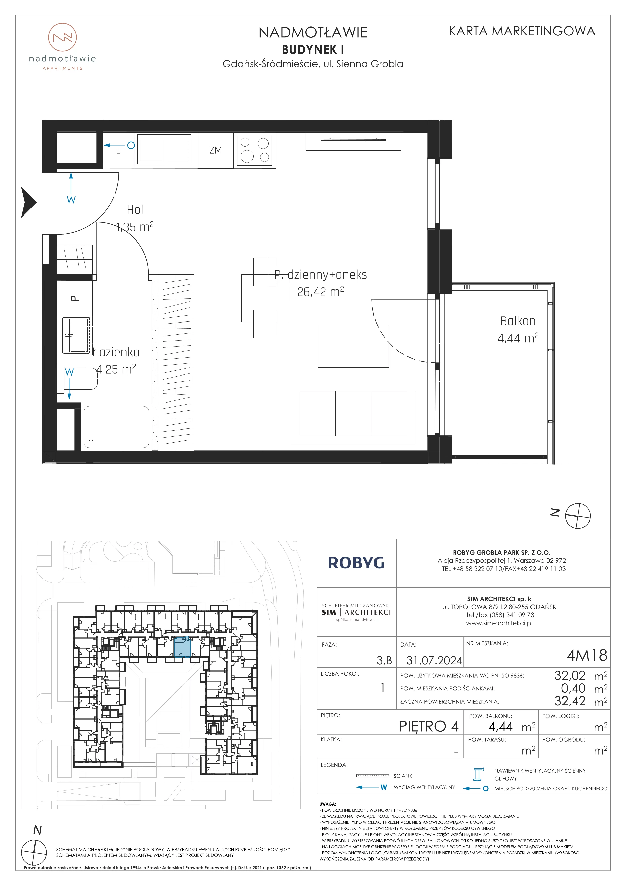 1 pokój, mieszkanie 32,02 m², piętro 4, oferta nr I.4M18, Nadmotławie Apartments Budynek I, Gdańsk, Śródmieście, ul. Sienna Grobla