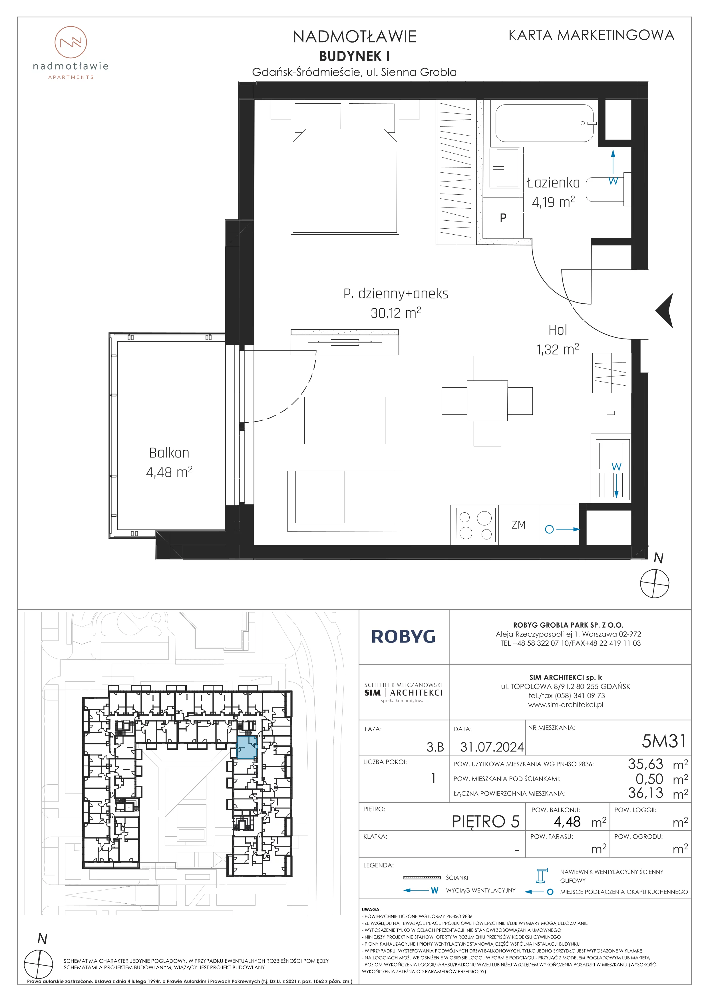 1 pokój, mieszkanie 35,63 m², piętro 5, oferta nr I.5M31, Nadmotławie Apartments Budynek I, Gdańsk, Śródmieście, ul. Sienna Grobla