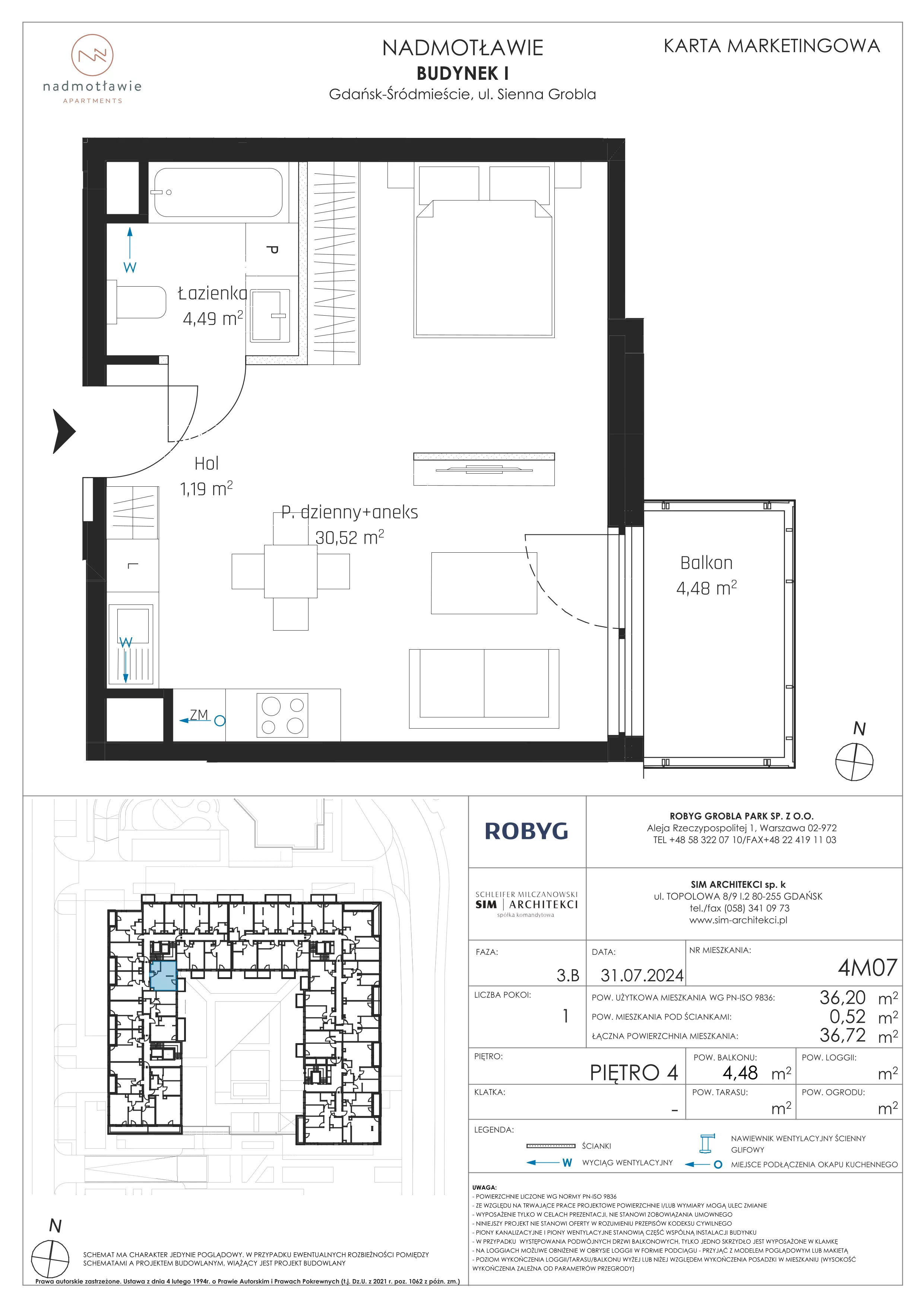 1 pokój, mieszkanie 36,20 m², piętro 4, oferta nr I.4M07, Nadmotławie Apartments Budynek I, Gdańsk, Śródmieście, ul. Sienna Grobla