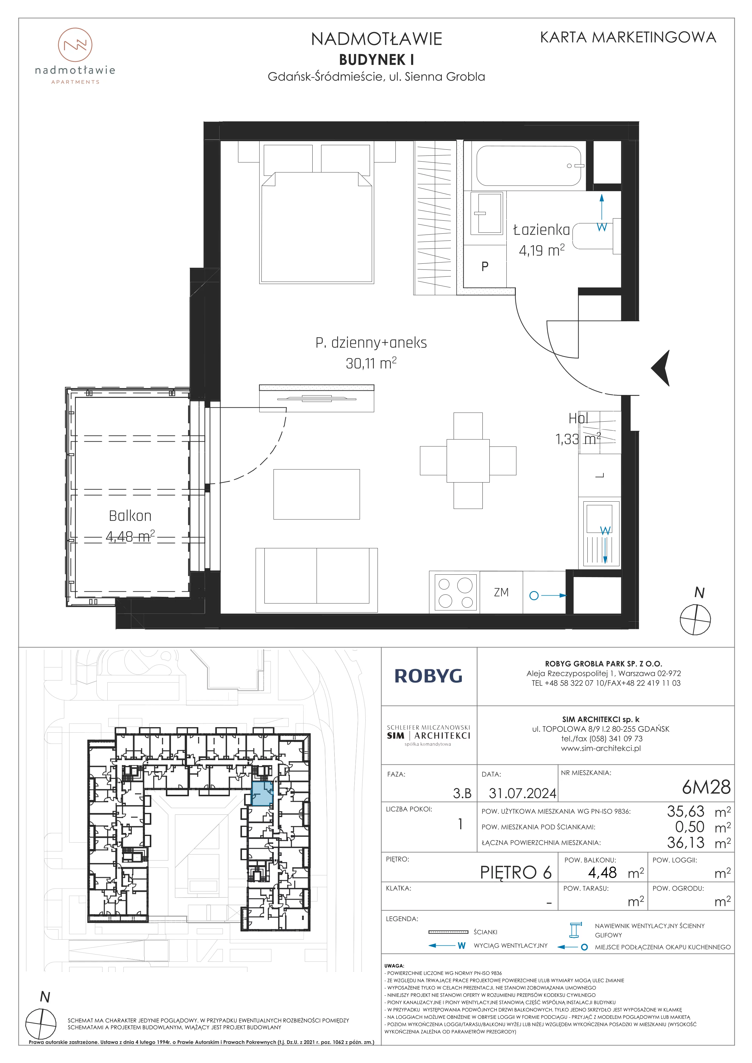 1 pokój, mieszkanie 35,63 m², piętro 6, oferta nr I.6M28, Nadmotławie Apartments Budynek I, Gdańsk, Śródmieście, ul. Sienna Grobla
