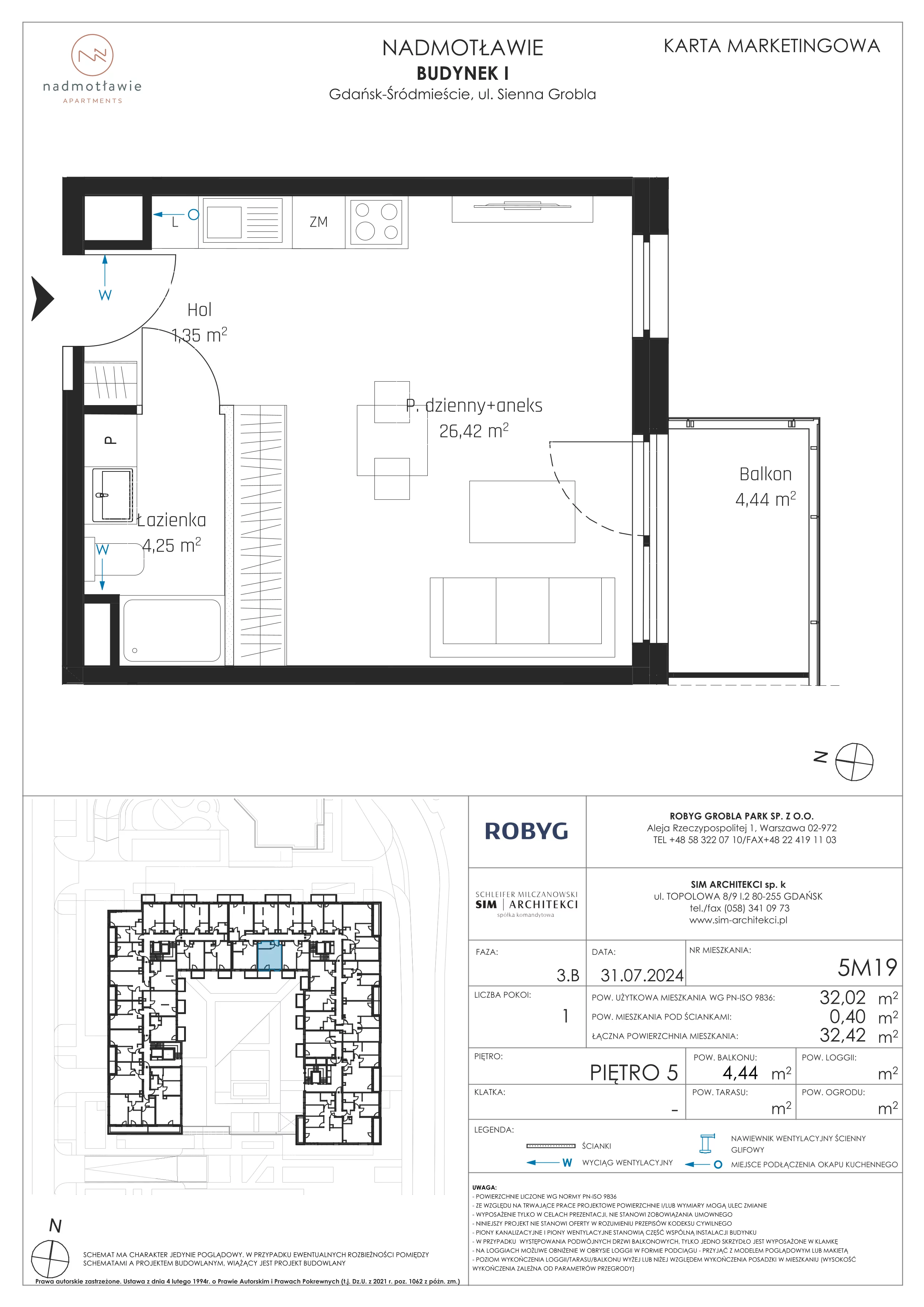 1 pokój, mieszkanie 32,02 m², piętro 5, oferta nr I.5M19, Nadmotławie Apartments Budynek I, Gdańsk, Śródmieście, ul. Sienna Grobla