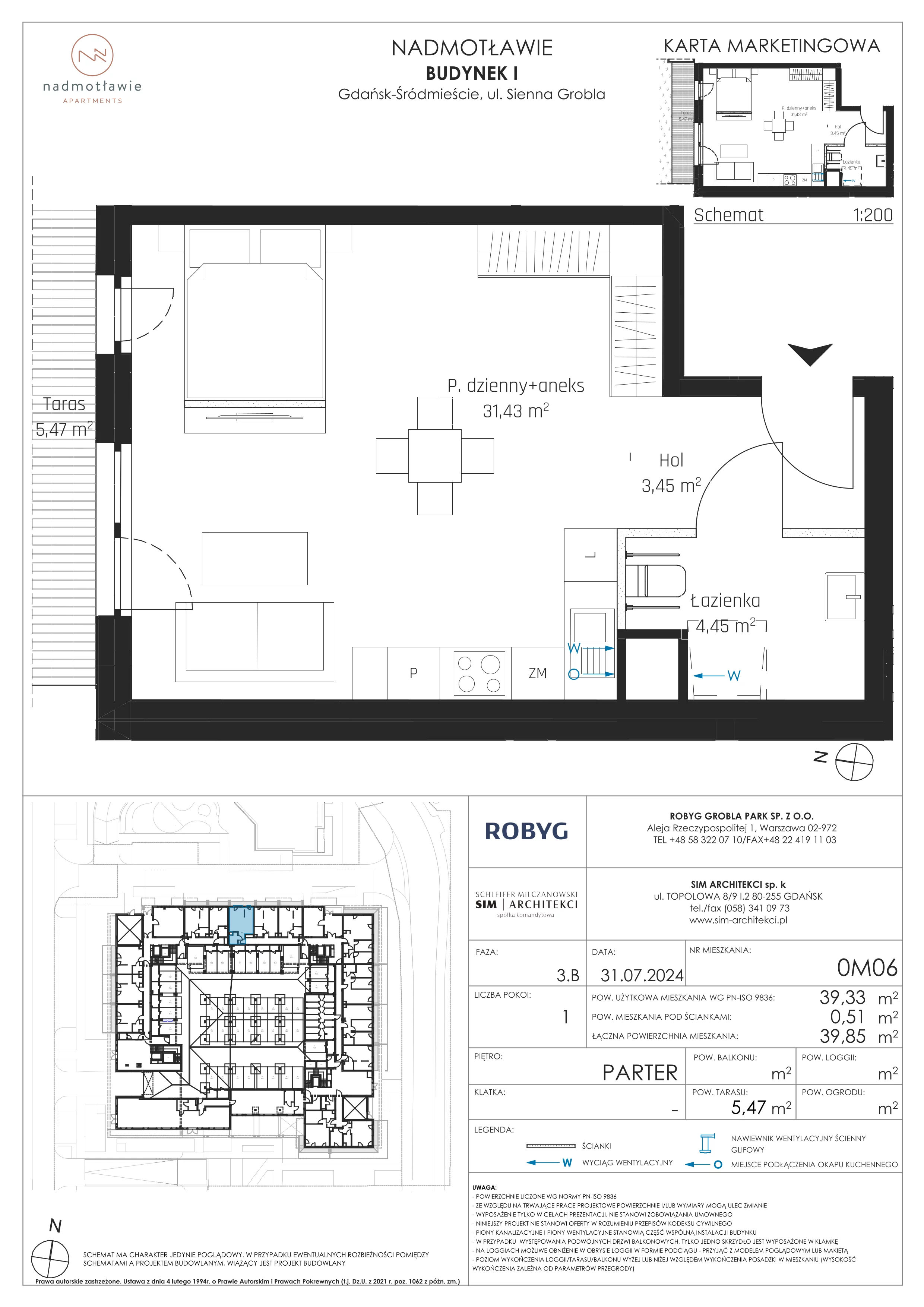 1 pokój, mieszkanie 39,33 m², parter, oferta nr I.0M06, Nadmotławie Apartments Budynek I, Gdańsk, Śródmieście, ul. Sienna Grobla