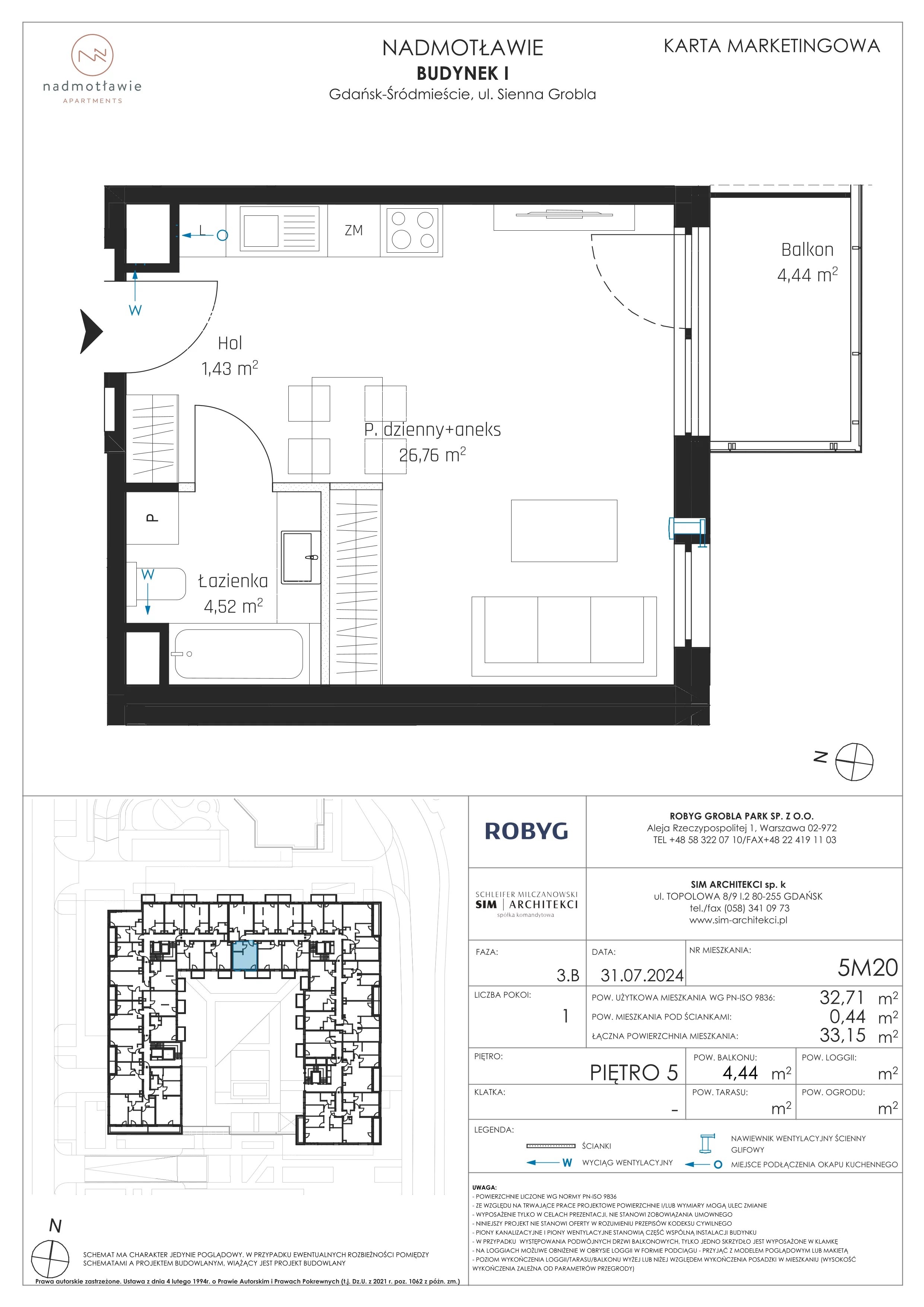 1 pokój, mieszkanie 32,71 m², piętro 5, oferta nr I.5M20, Nadmotławie Apartments Budynek I, Gdańsk, Śródmieście, ul. Sienna Grobla