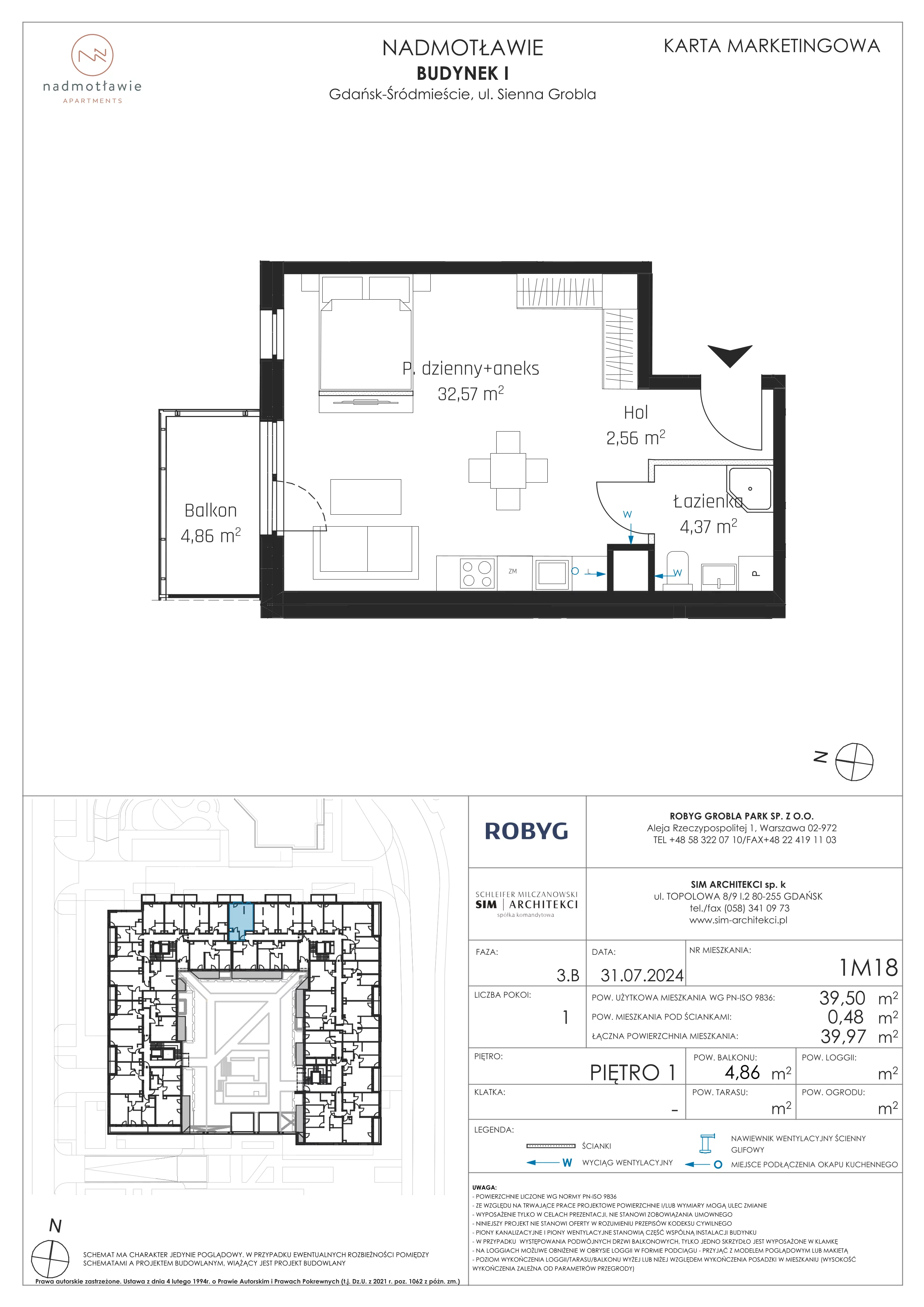 1 pokój, mieszkanie 39,50 m², piętro 1, oferta nr I.1M18, Nadmotławie Apartments Budynek I, Gdańsk, Śródmieście, ul. Sienna Grobla