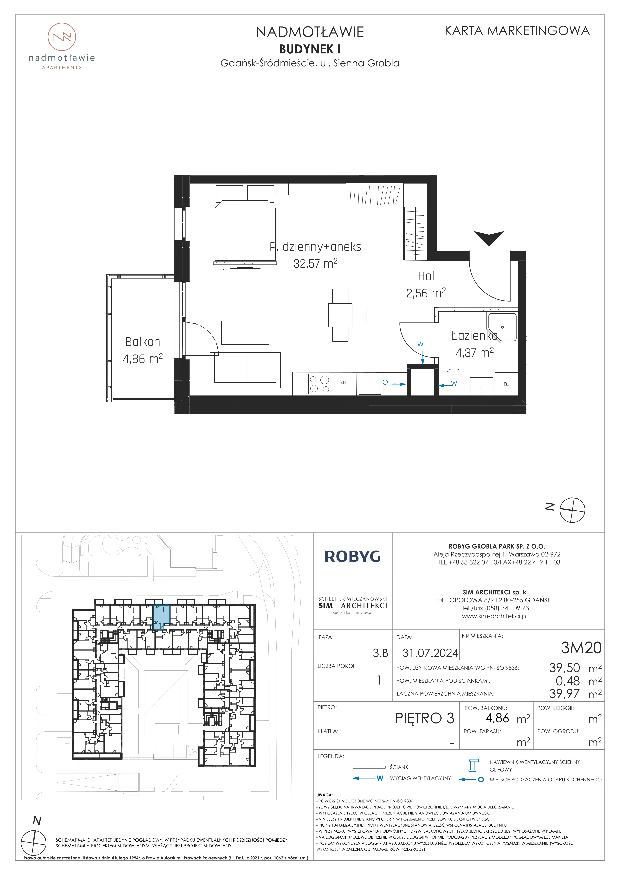 1 pokój, mieszkanie 39,50 m², piętro 3, oferta nr I.3M20, Nadmotławie Apartments Budynek I, Gdańsk, Śródmieście, ul. Sienna Grobla
