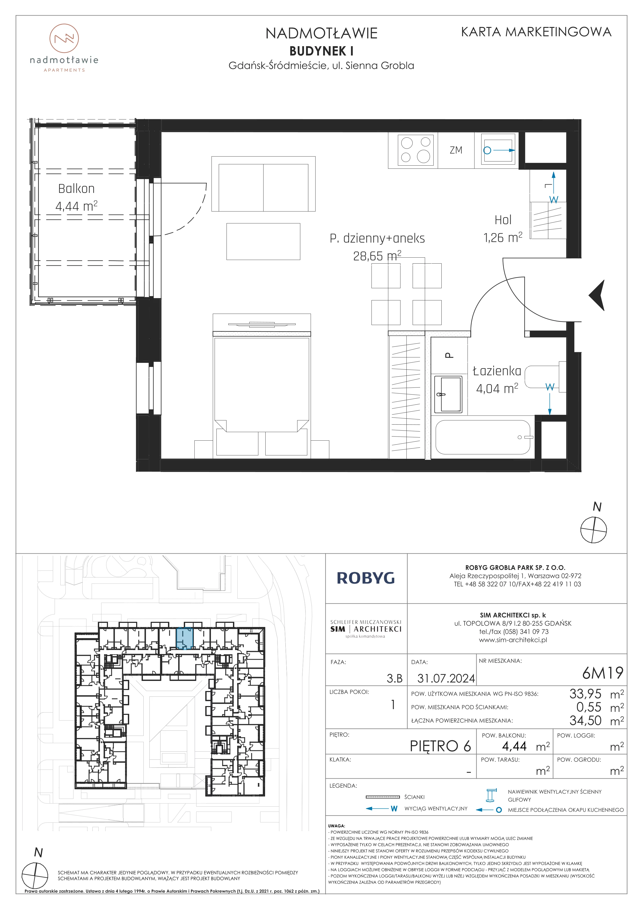1 pokój, mieszkanie 33,95 m², piętro 6, oferta nr I.6M19, Nadmotławie Apartments Budynek I, Gdańsk, Śródmieście, ul. Sienna Grobla