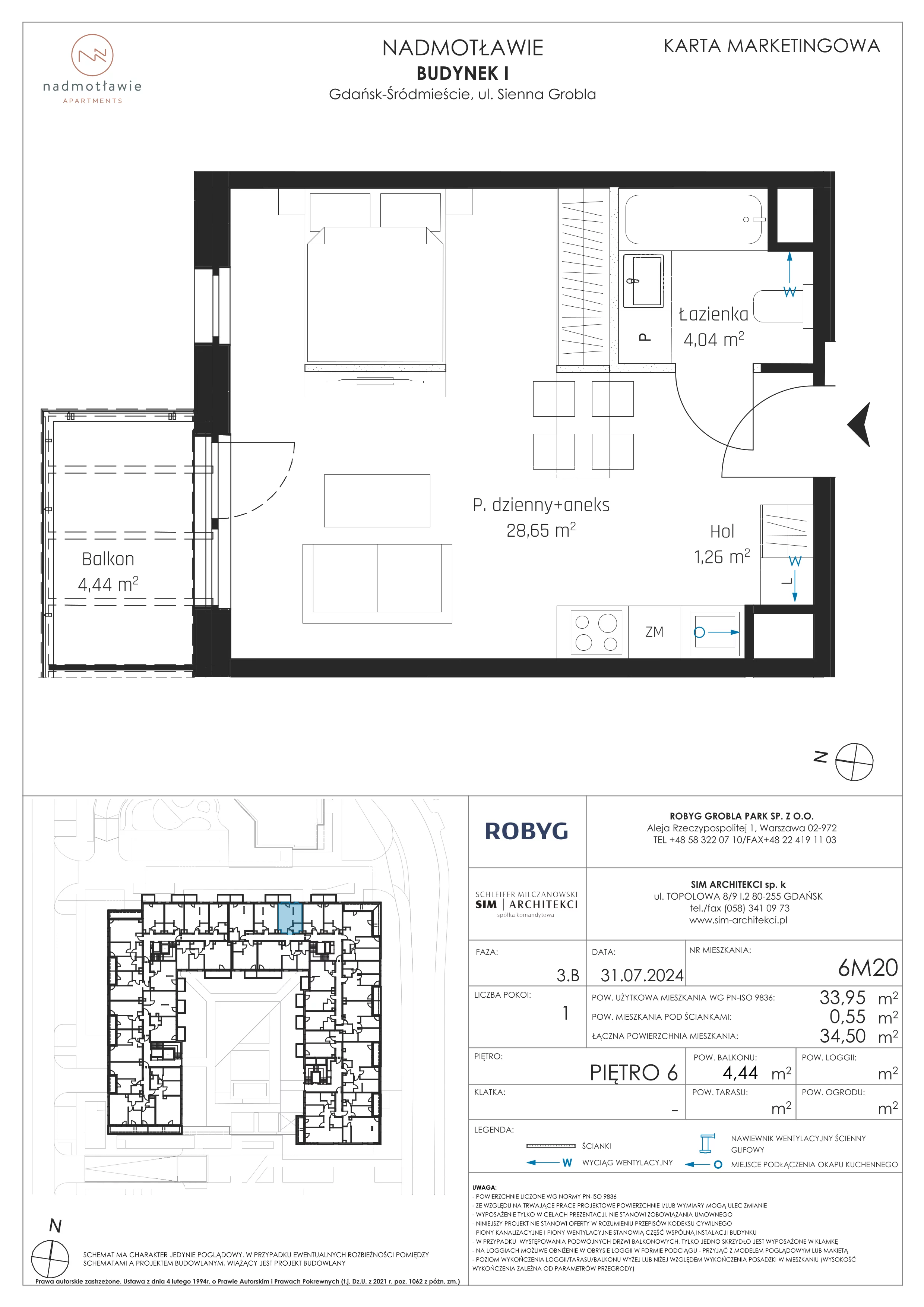 1 pokój, mieszkanie 33,95 m², piętro 6, oferta nr I.6M20, Nadmotławie Apartments Budynek I, Gdańsk, Śródmieście, ul. Sienna Grobla