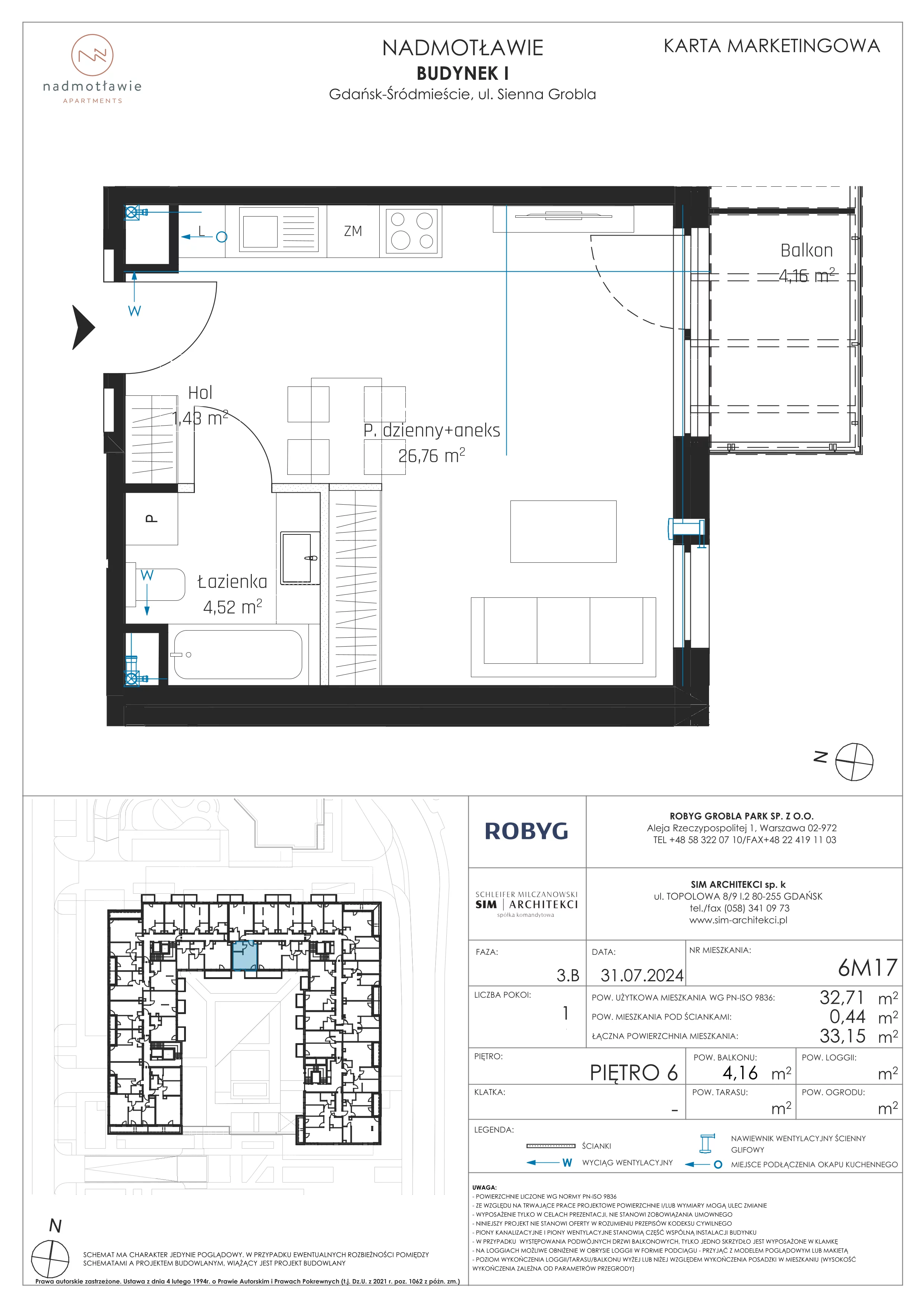 1 pokój, mieszkanie 32,71 m², piętro 6, oferta nr I.6M17, Nadmotławie Apartments Budynek I, Gdańsk, Śródmieście, ul. Sienna Grobla