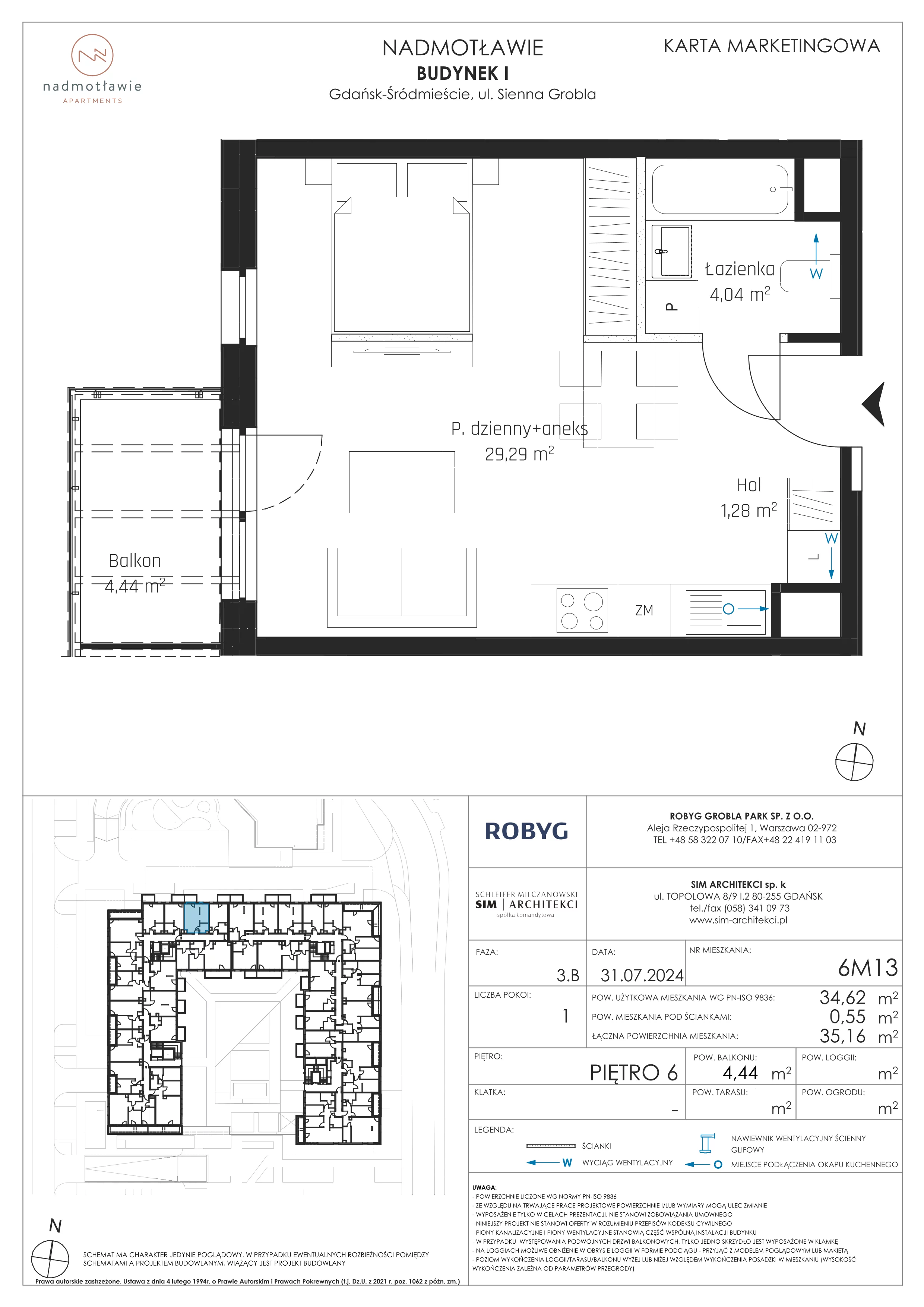 1 pokój, mieszkanie 34,62 m², piętro 6, oferta nr I.6M13, Nadmotławie Apartments Budynek I, Gdańsk, Śródmieście, ul. Sienna Grobla