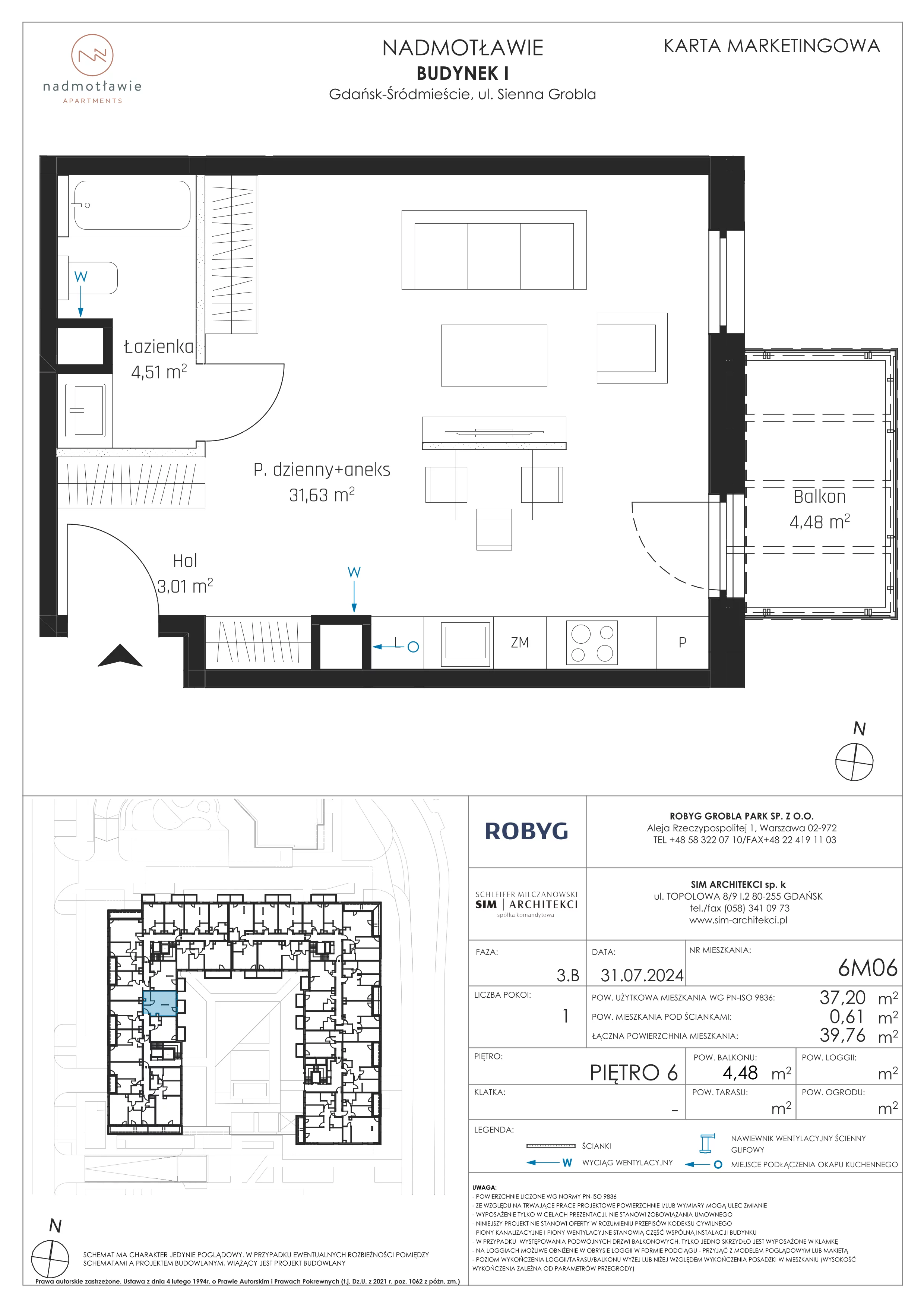 1 pokój, mieszkanie 37,20 m², piętro 6, oferta nr I.6M06, Nadmotławie Apartments Budynek I, Gdańsk, Śródmieście, ul. Sienna Grobla