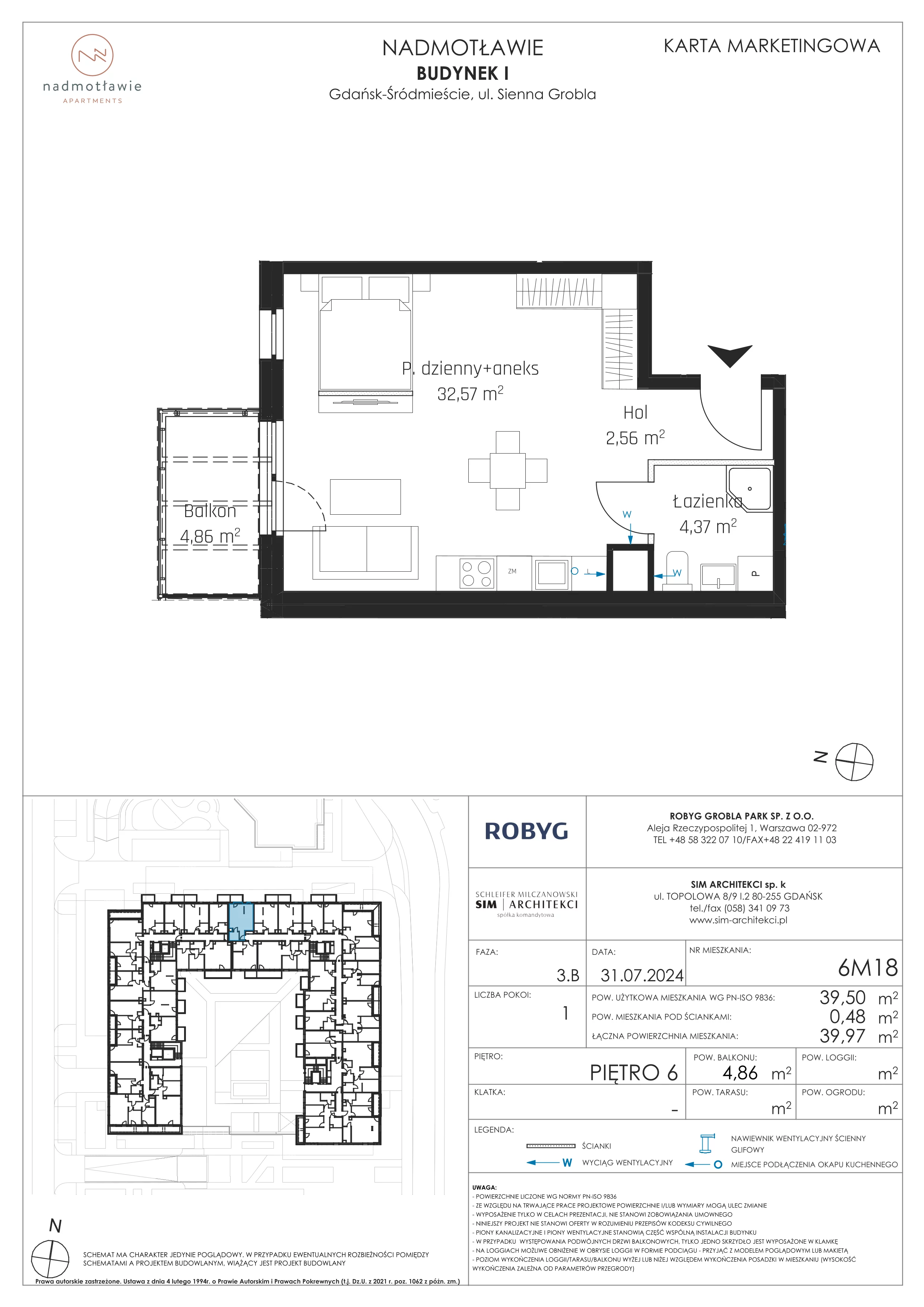 1 pokój, mieszkanie 39,50 m², piętro 6, oferta nr I.6M18, Nadmotławie Apartments Budynek I, Gdańsk, Śródmieście, ul. Sienna Grobla