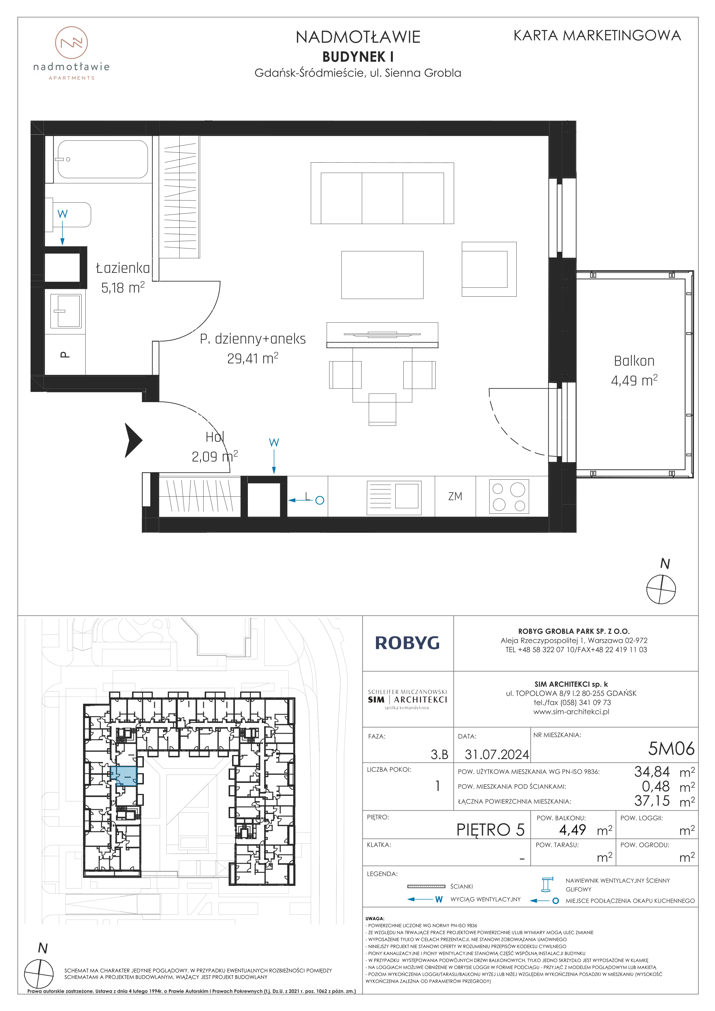 1 pokój, mieszkanie 34,84 m², piętro 5, oferta nr I.5M06, Nadmotławie Apartments Budynek I, Gdańsk, Śródmieście, ul. Sienna Grobla
