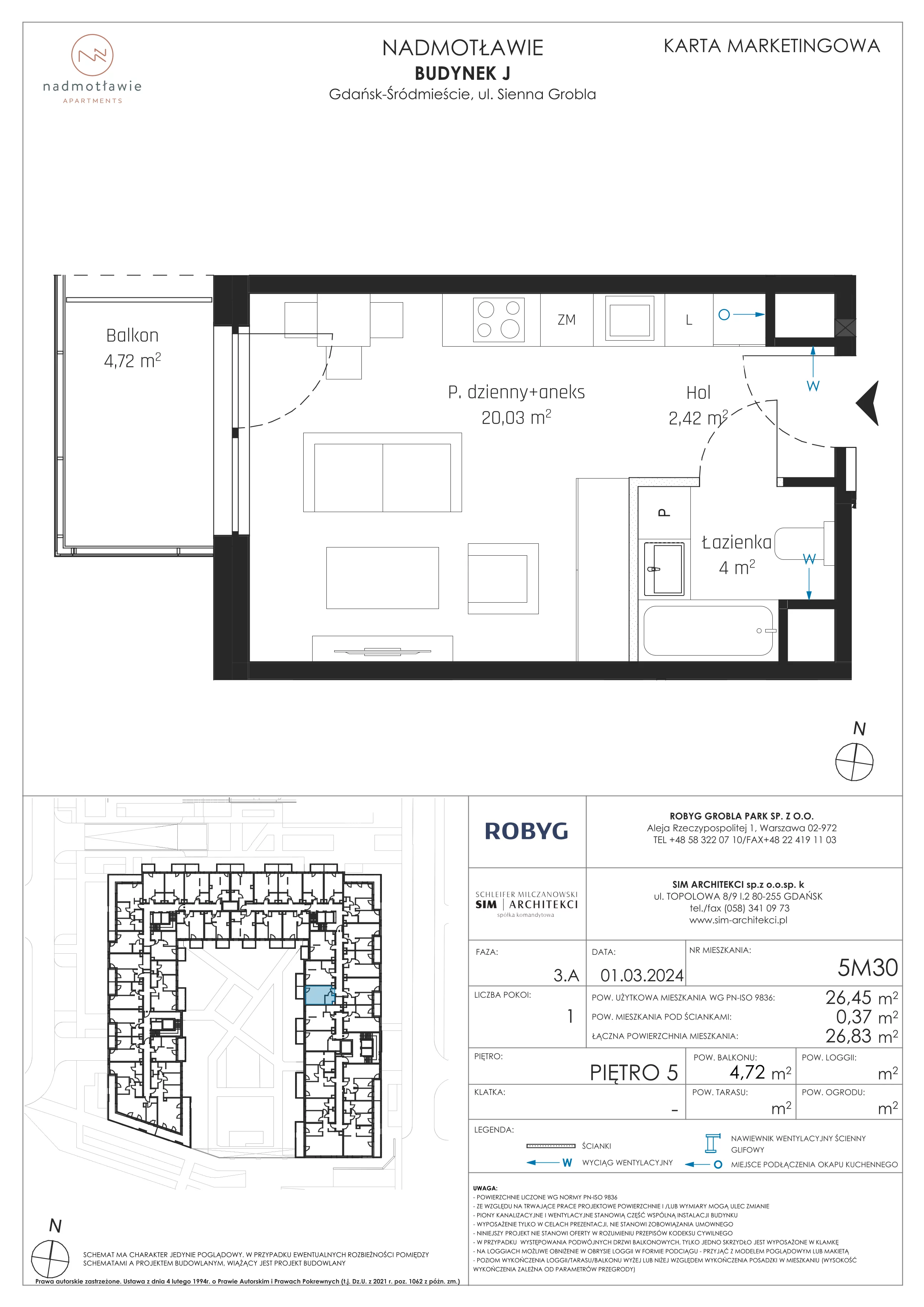 1 pokój, mieszkanie 26,45 m², piętro 5, oferta nr J.5M30, Nadmotławie Apartments Budynek J, Gdańsk, Śródmieście, ul. Sienna Grobla