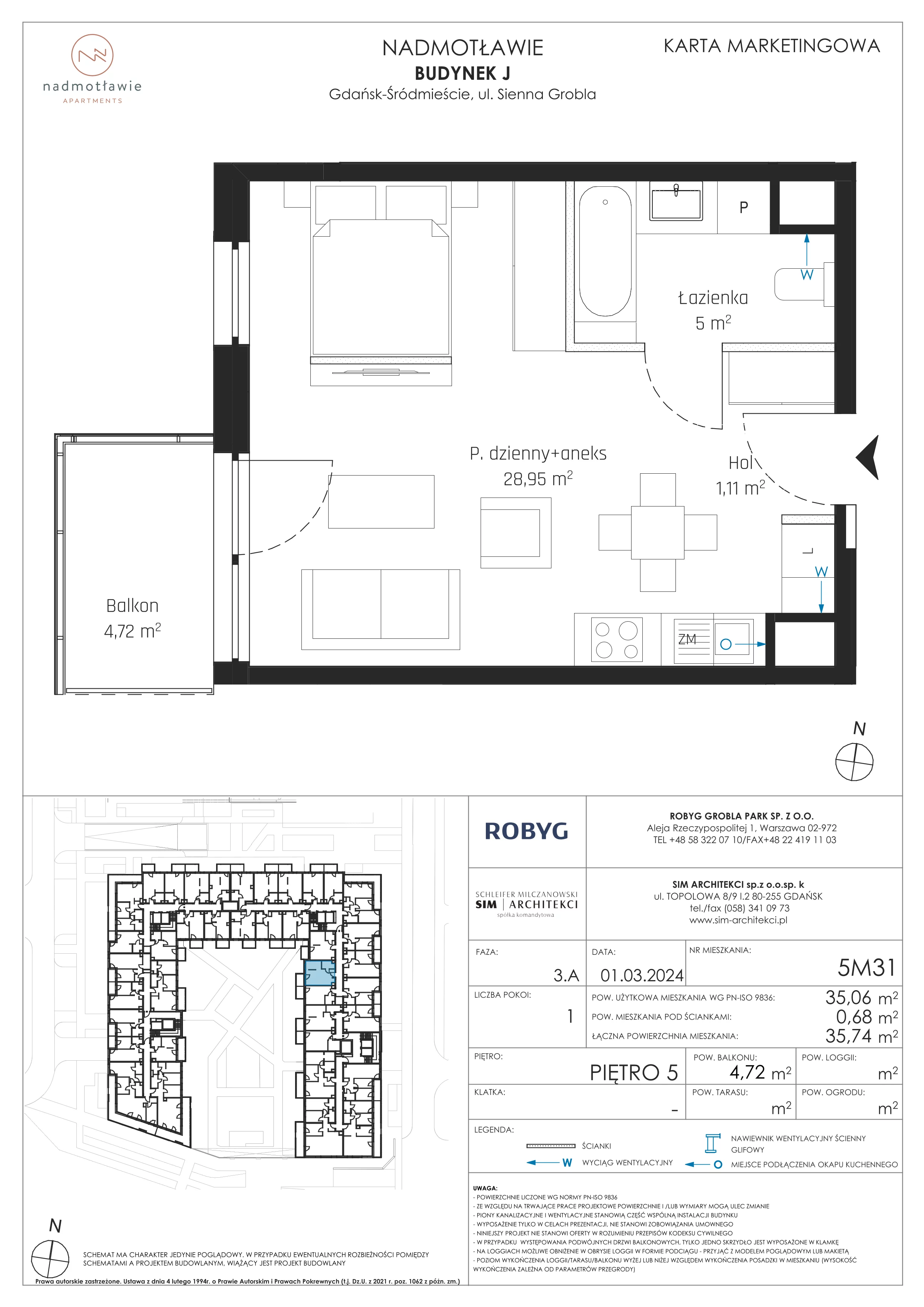 1 pokój, mieszkanie 35,06 m², piętro 5, oferta nr J.5M31, Nadmotławie Apartments Budynek J, Gdańsk, Śródmieście, ul. Sienna Grobla