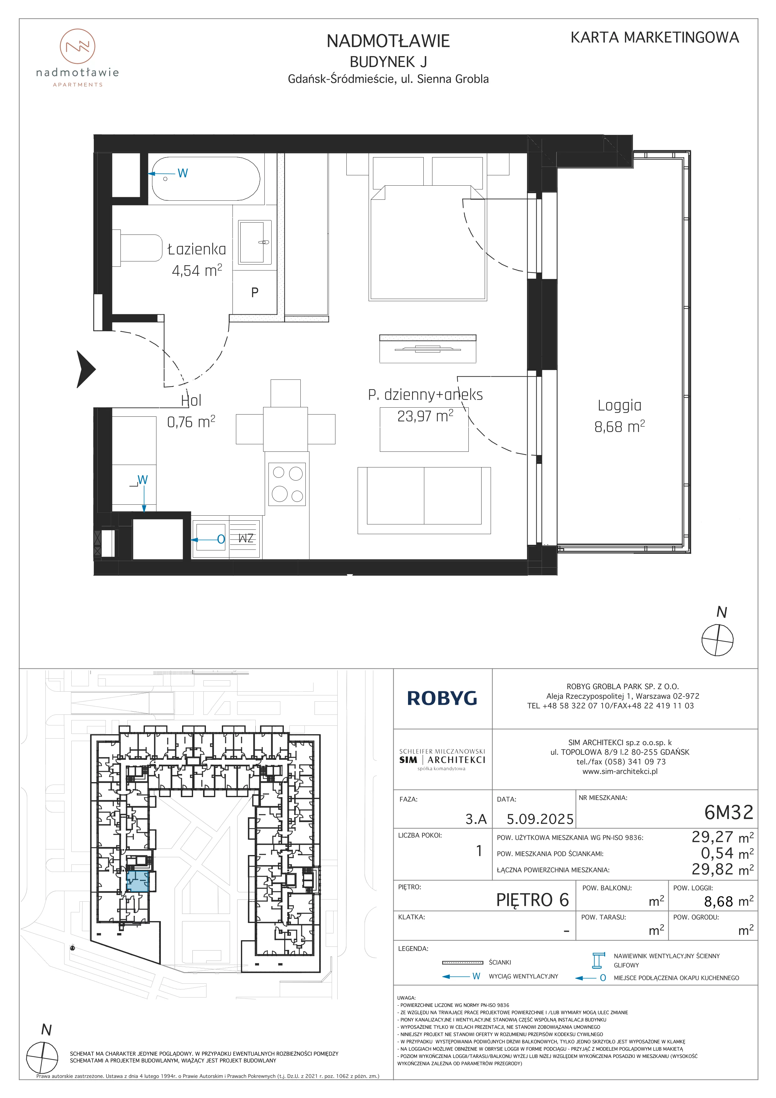1 pokój, mieszkanie 29,27 m², piętro 6, oferta nr J.6M32, Nadmotławie Apartments Budynek J, Gdańsk, Śródmieście, ul. Sienna Grobla