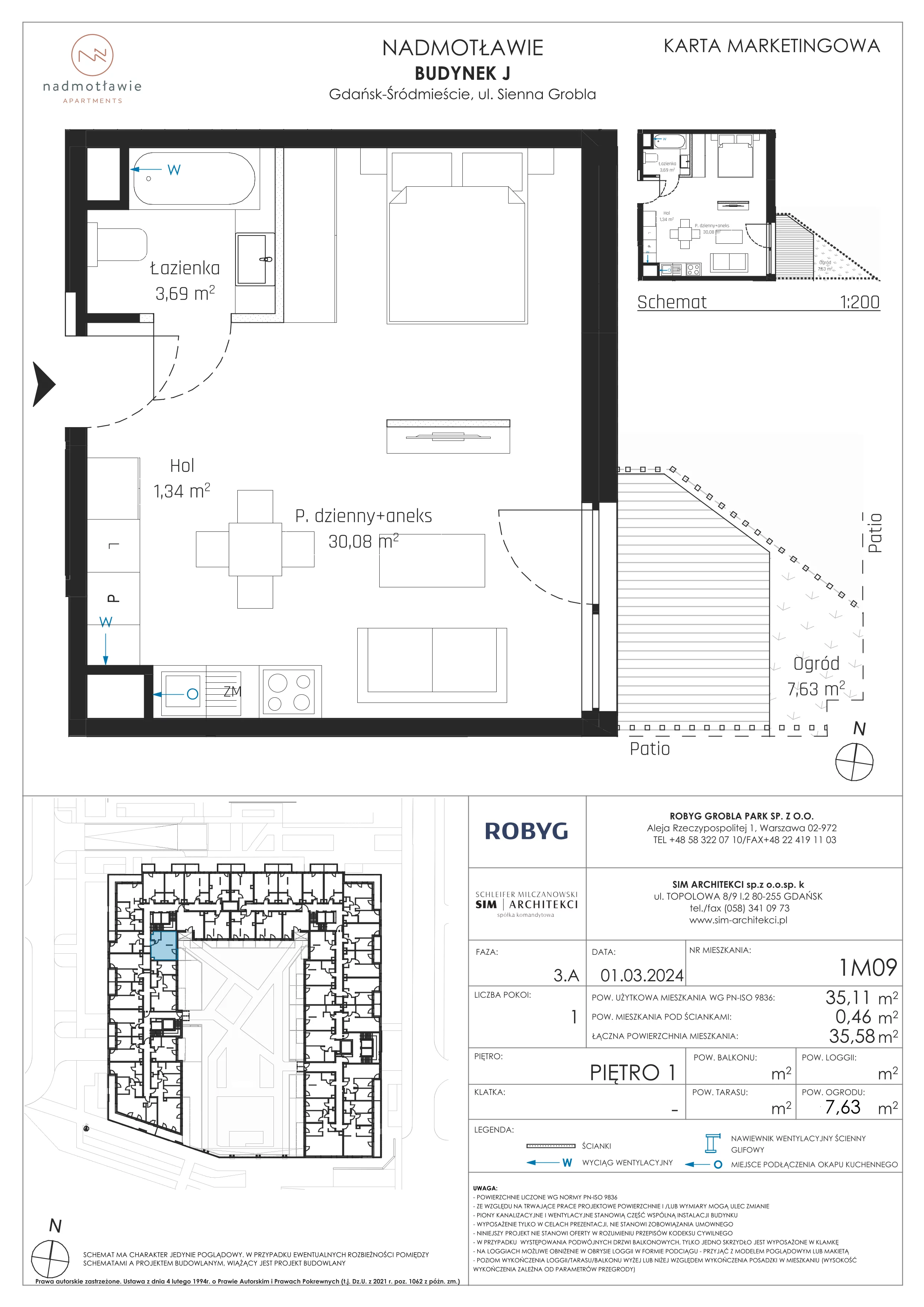 1 pokój, mieszkanie 35,11 m², piętro 1, oferta nr J.1M09, Nadmotławie Apartments, Gdańsk, Śródmieście, ul. Sienna Grobla