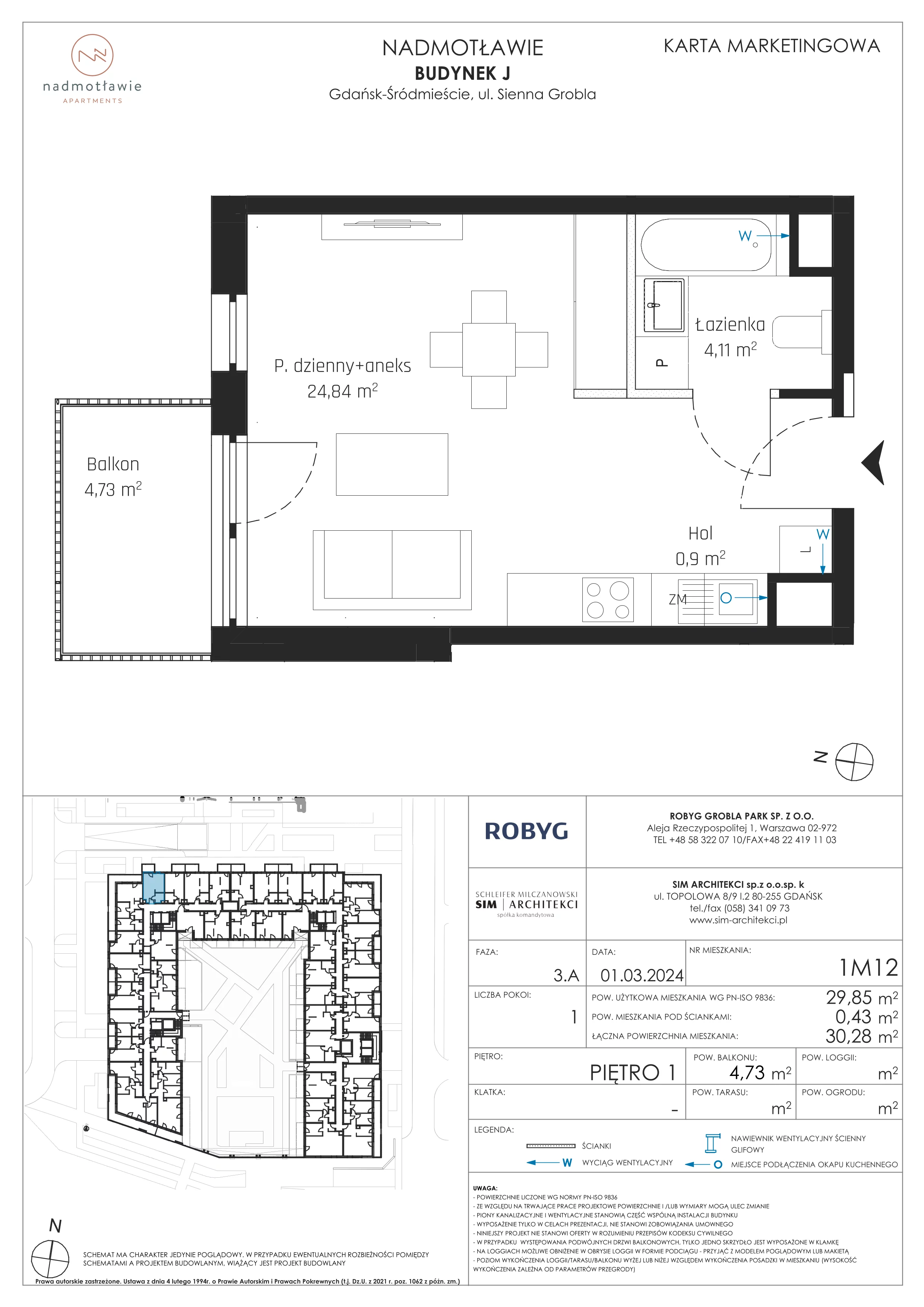 1 pokój, mieszkanie 29,85 m², piętro 1, oferta nr J.1M12, Nadmotławie Apartments, Gdańsk, Śródmieście, ul. Sienna Grobla