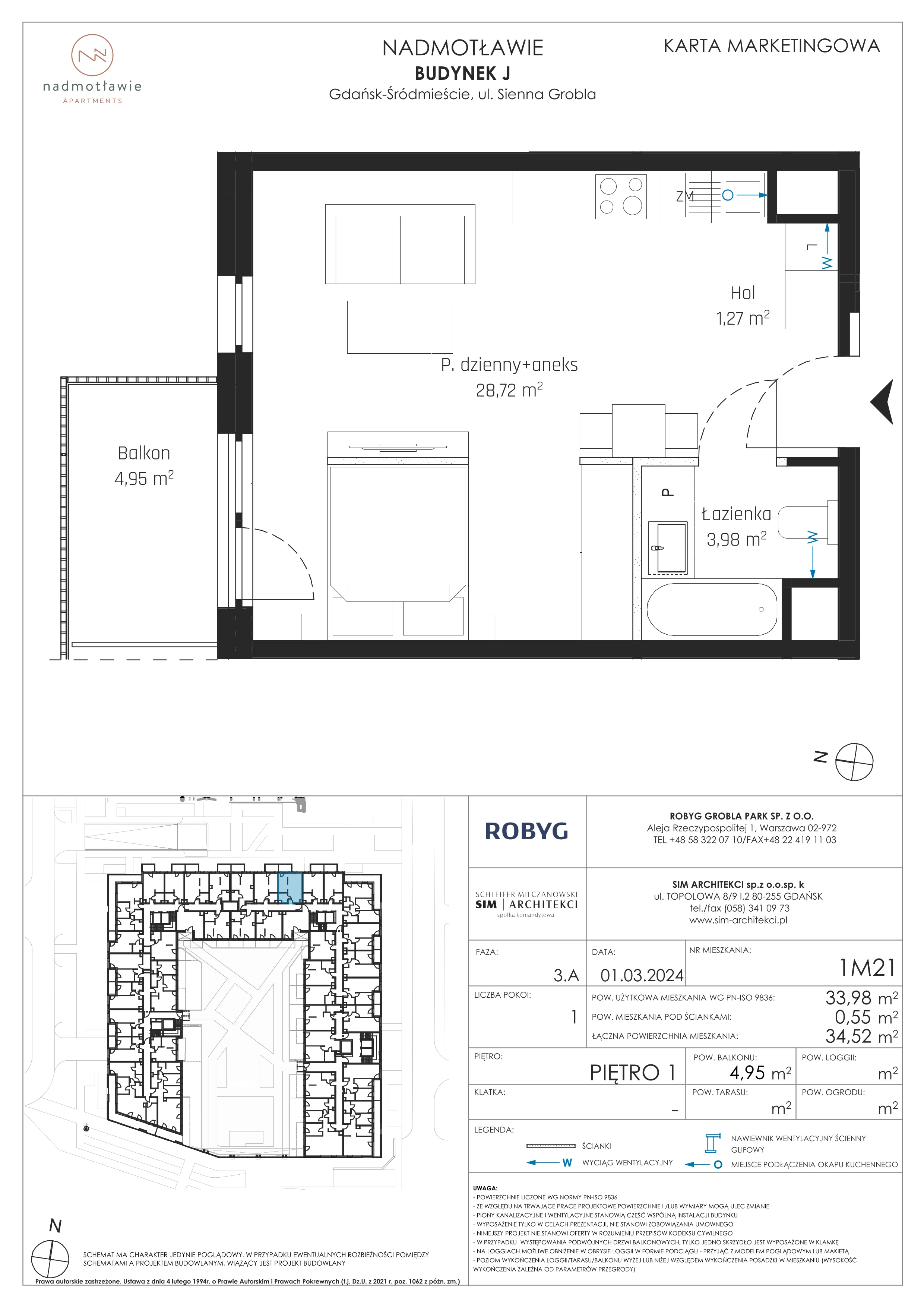 1 pokój, mieszkanie 33,98 m², piętro 1, oferta nr J.1M21, Nadmotławie Apartments, Gdańsk, Śródmieście, ul. Sienna Grobla