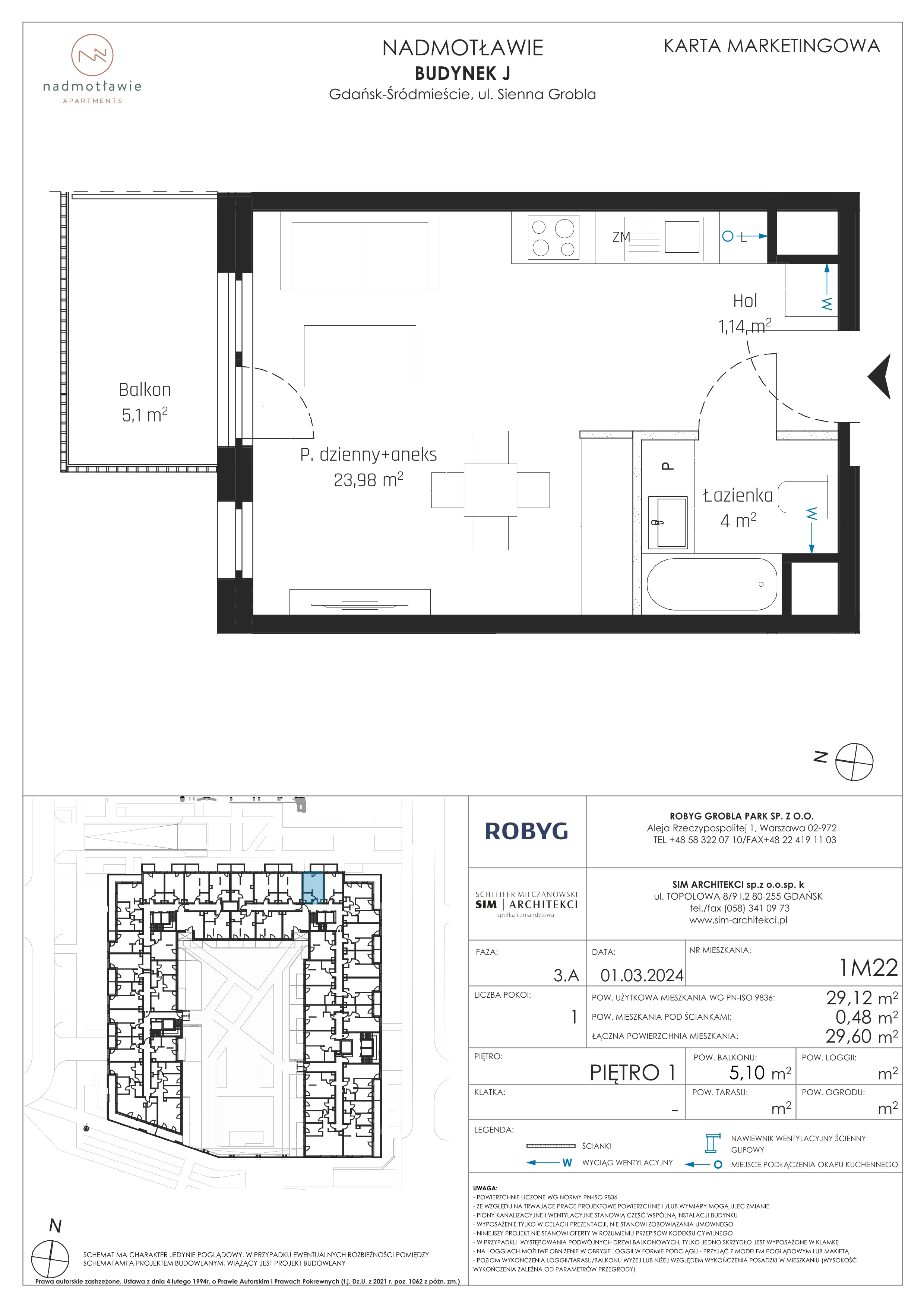 1 pokój, mieszkanie 29,12 m², piętro 1, oferta nr J.1M22, Nadmotławie Apartments, Gdańsk, Śródmieście, ul. Sienna Grobla