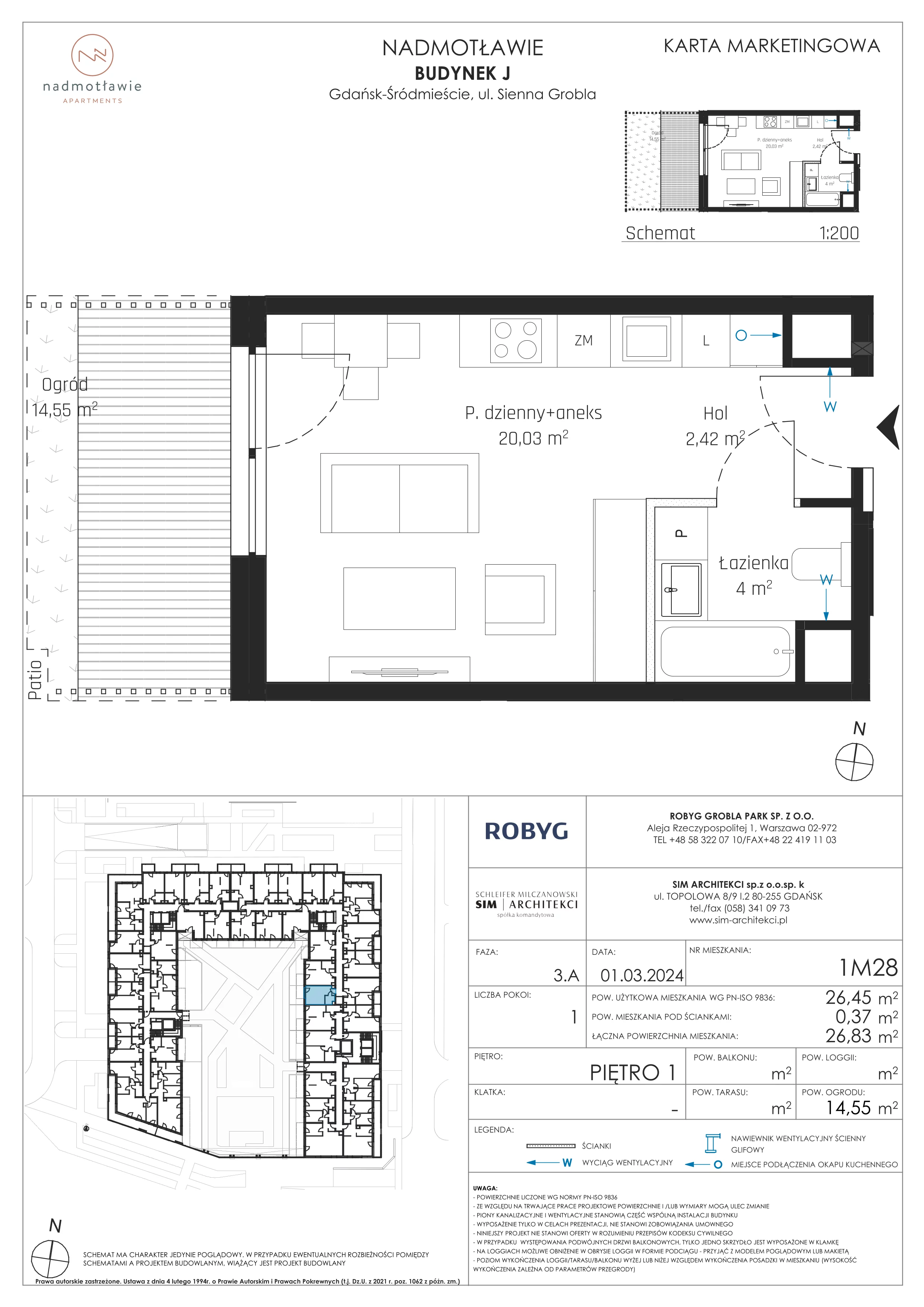 1 pokój, mieszkanie 26,45 m², piętro 1, oferta nr J.1M28, Nadmotławie Apartments, Gdańsk, Śródmieście, ul. Sienna Grobla