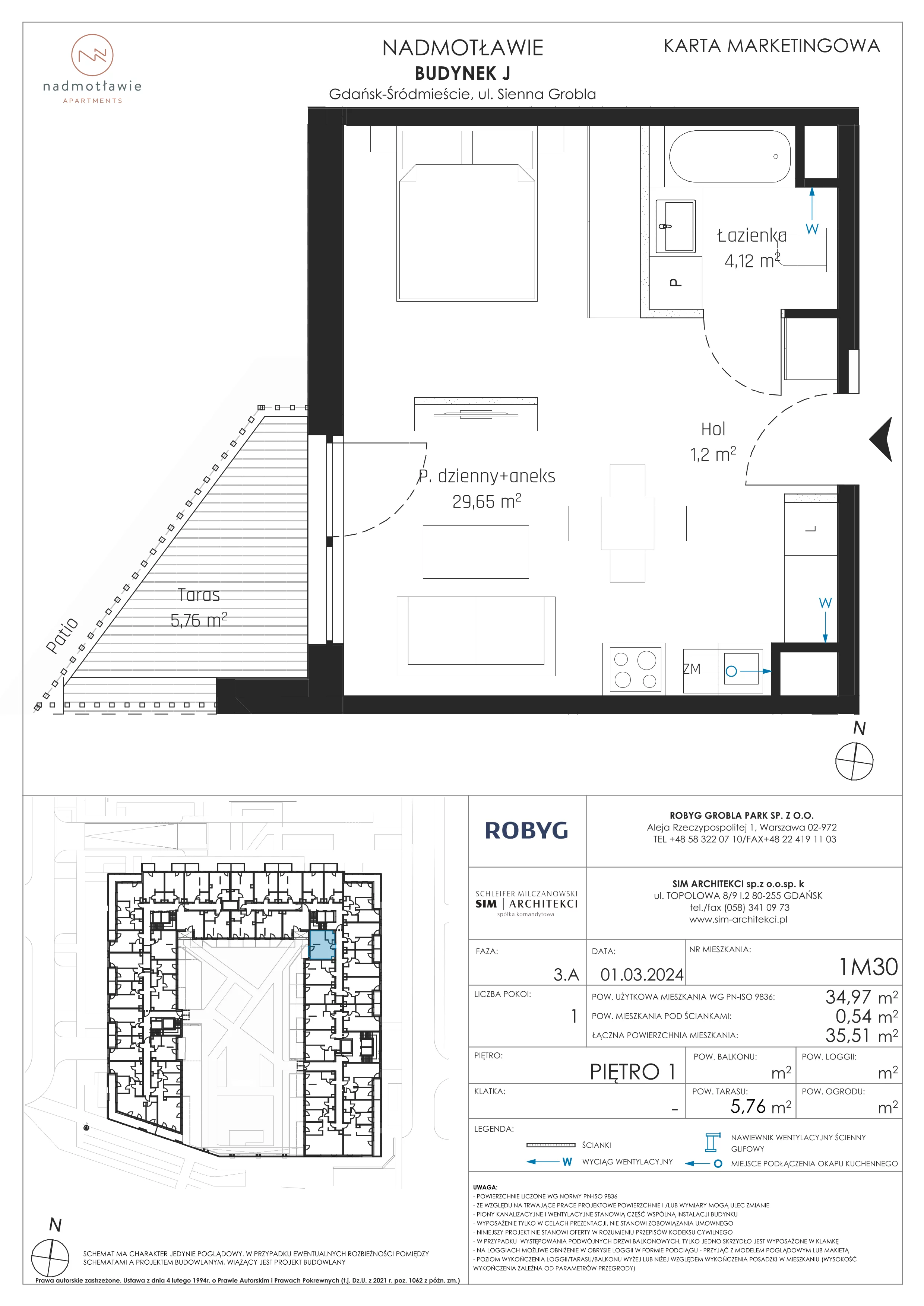 1 pokój, mieszkanie 34,97 m², piętro 1, oferta nr J.1M30, Nadmotławie Apartments, Gdańsk, Śródmieście, ul. Sienna Grobla