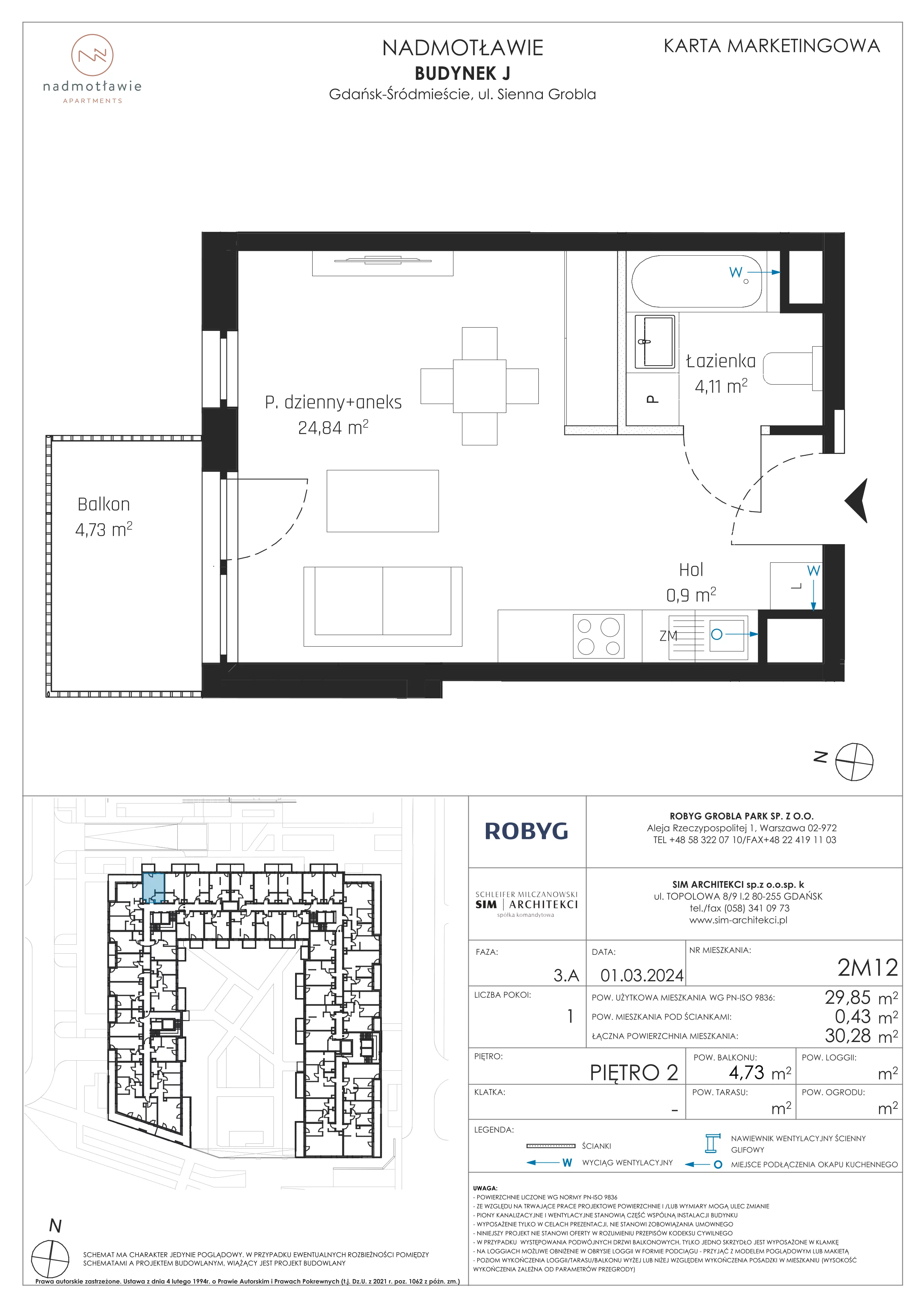 1 pokój, mieszkanie 29,85 m², piętro 2, oferta nr J.2M12, Nadmotławie Apartments, Gdańsk, Śródmieście, ul. Sienna Grobla