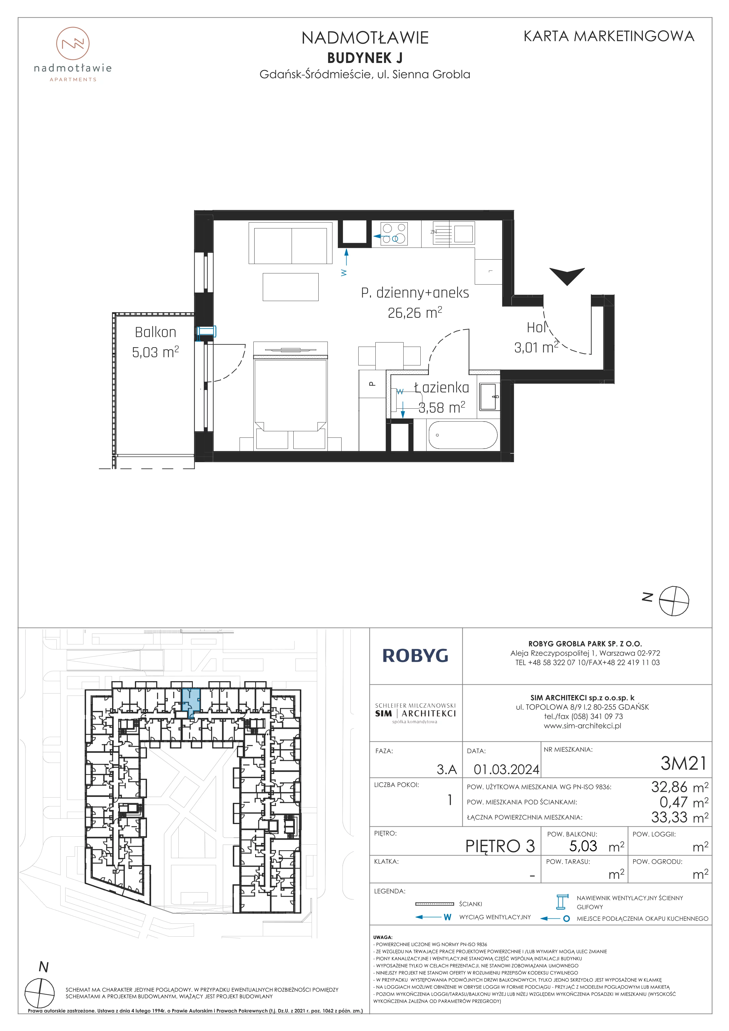 1 pokój, mieszkanie 32,86 m², piętro 3, oferta nr J.3M21, Nadmotławie Apartments, Gdańsk, Śródmieście, ul. Sienna Grobla