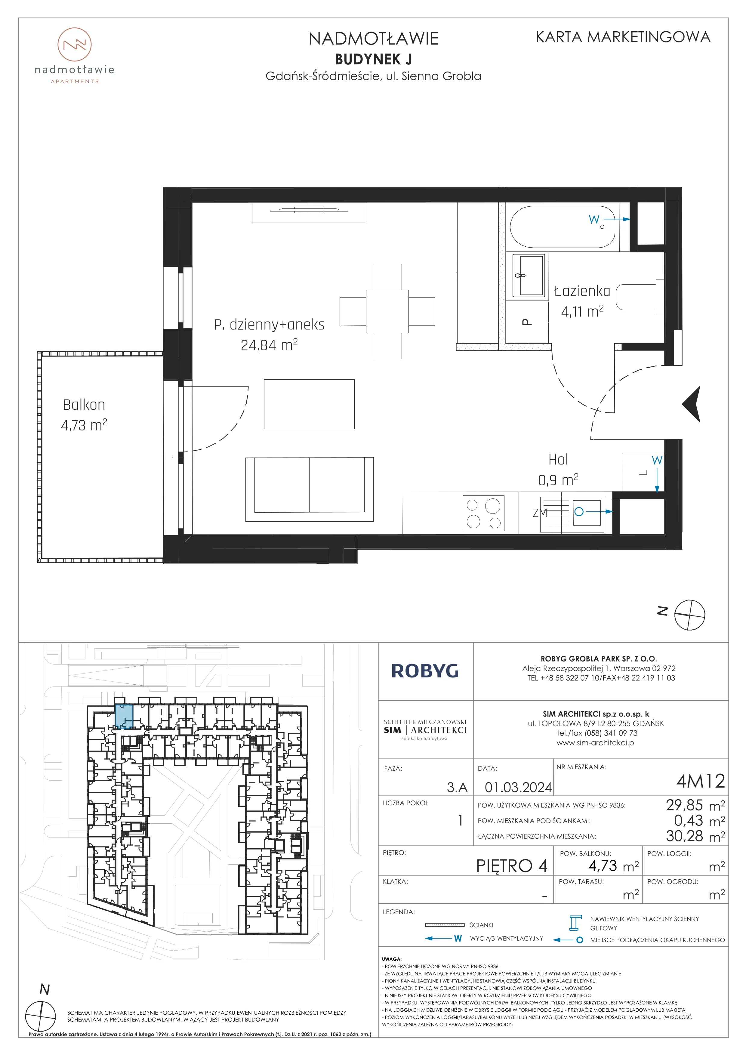 1 pokój, mieszkanie 29,85 m², piętro 4, oferta nr J.4M12, Nadmotławie Apartments, Gdańsk, Śródmieście, ul. Sienna Grobla