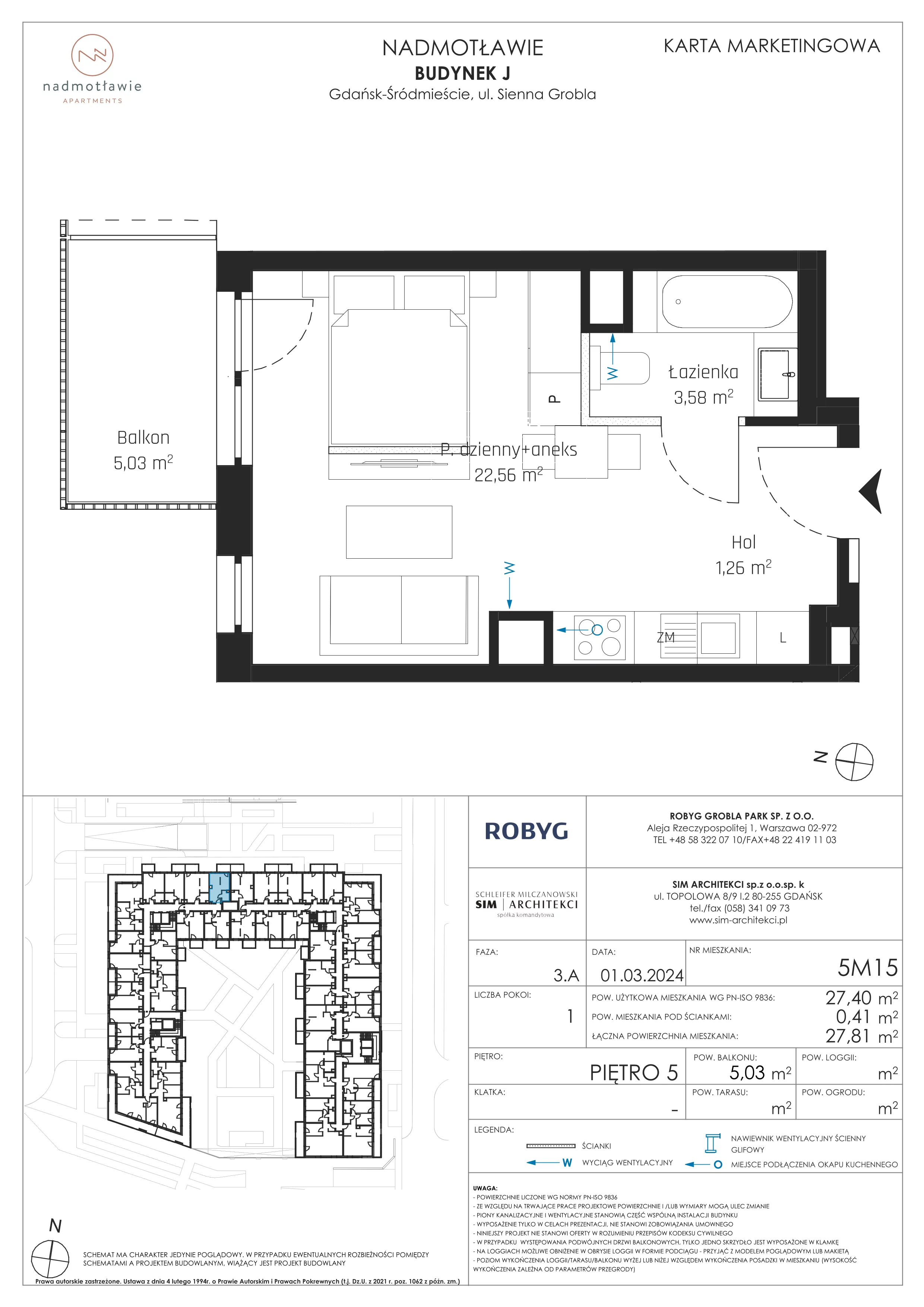 1 pokój, mieszkanie 27,40 m², piętro 5, oferta nr J.5M15, Nadmotławie Apartments, Gdańsk, Śródmieście, ul. Sienna Grobla