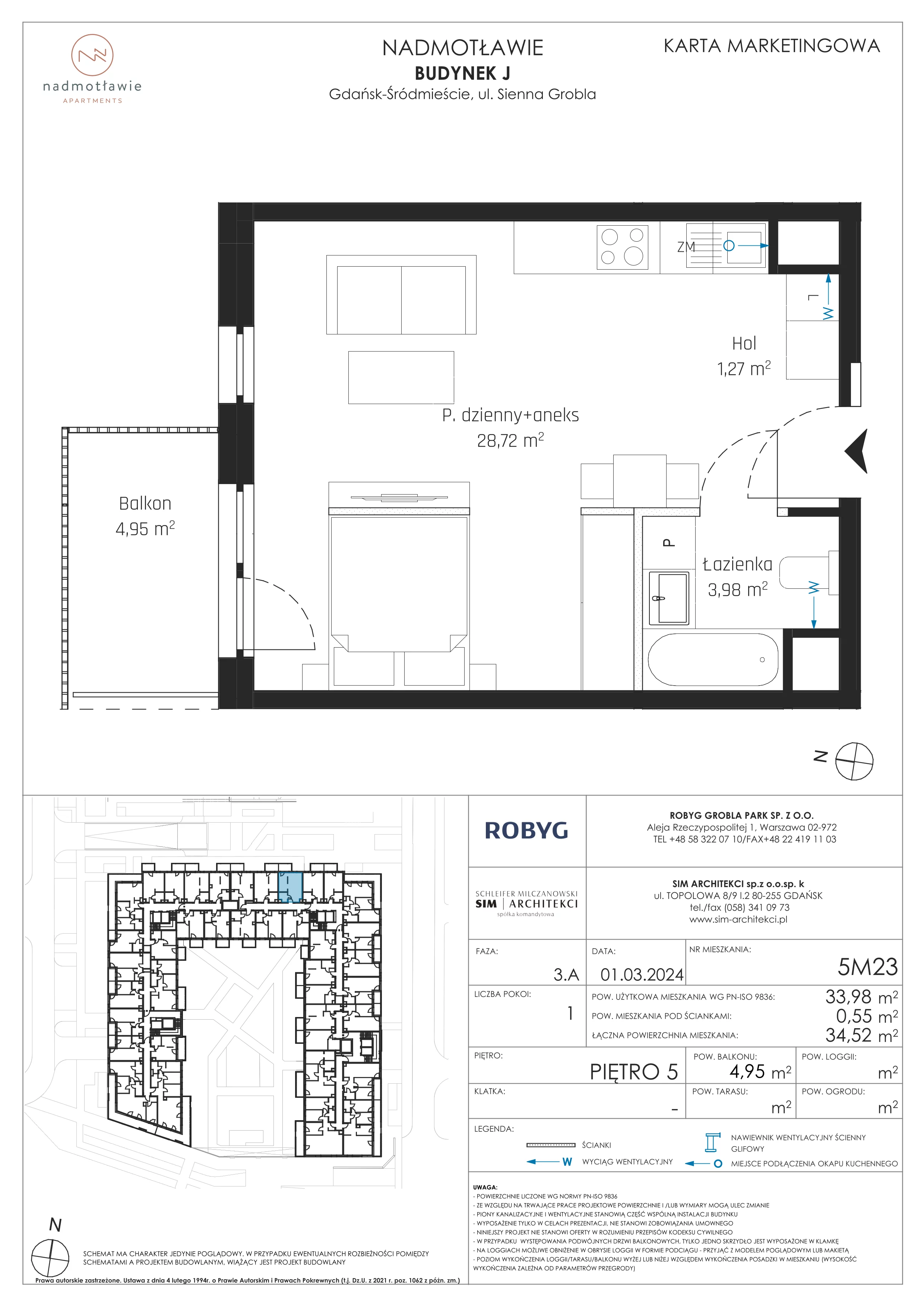 1 pokój, mieszkanie 33,98 m², piętro 5, oferta nr J.5M23, Nadmotławie Apartments, Gdańsk, Śródmieście, ul. Sienna Grobla