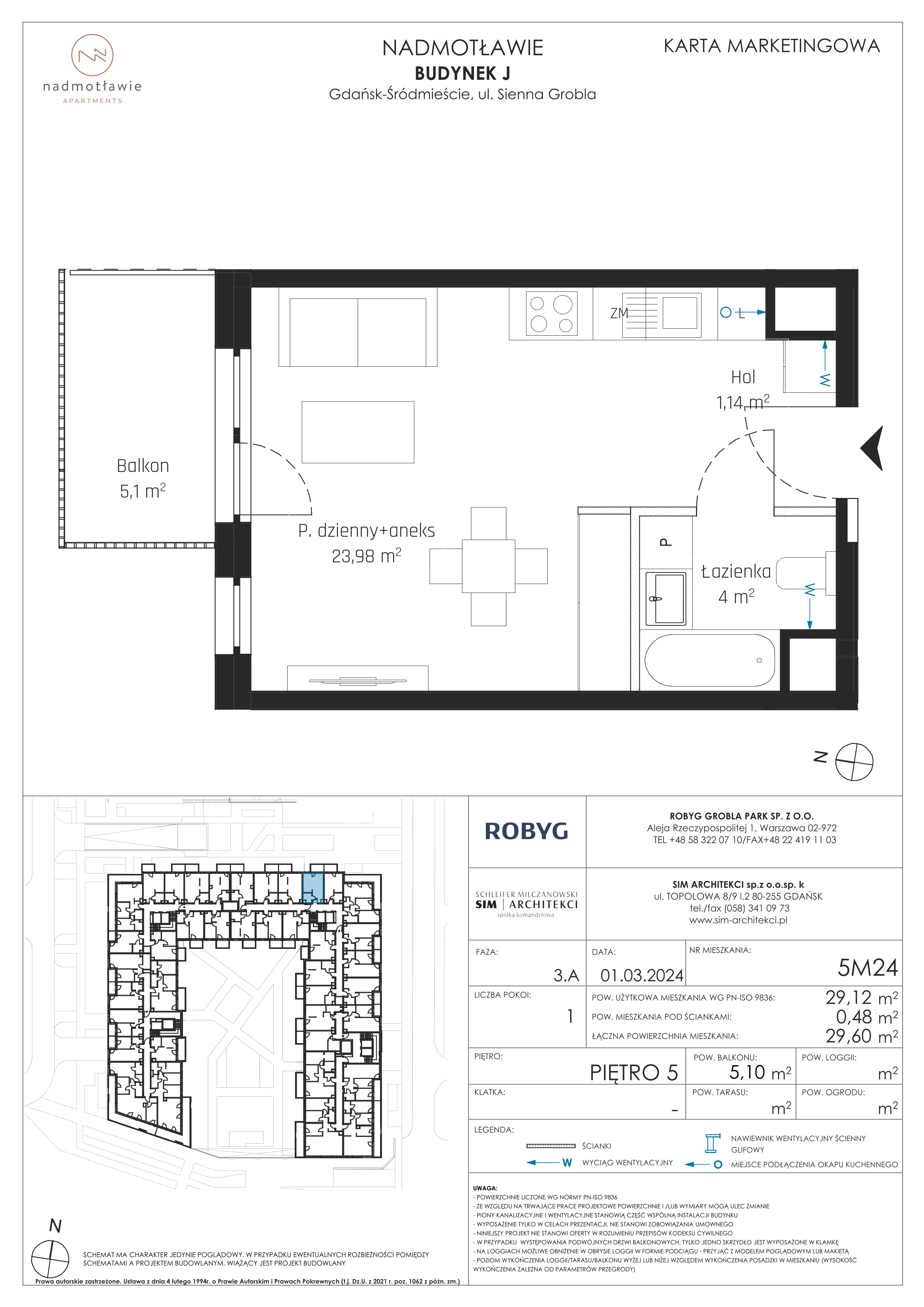 1 pokój, mieszkanie 29,12 m², piętro 5, oferta nr J.5M24, Nadmotławie Apartments, Gdańsk, Śródmieście, ul. Sienna Grobla