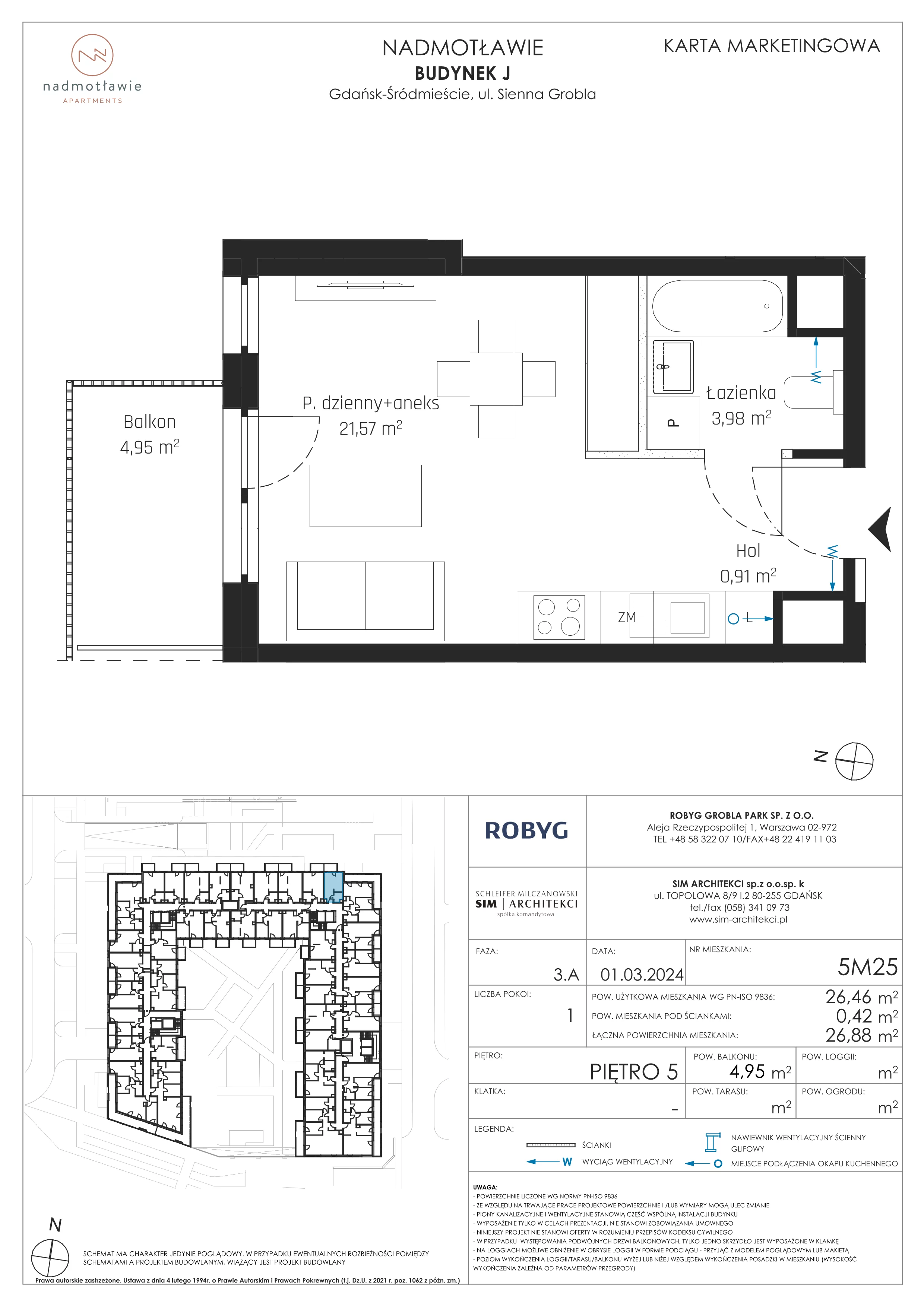 1 pokój, mieszkanie 26,46 m², piętro 5, oferta nr J.5M25, Nadmotławie Apartments, Gdańsk, Śródmieście, ul. Sienna Grobla