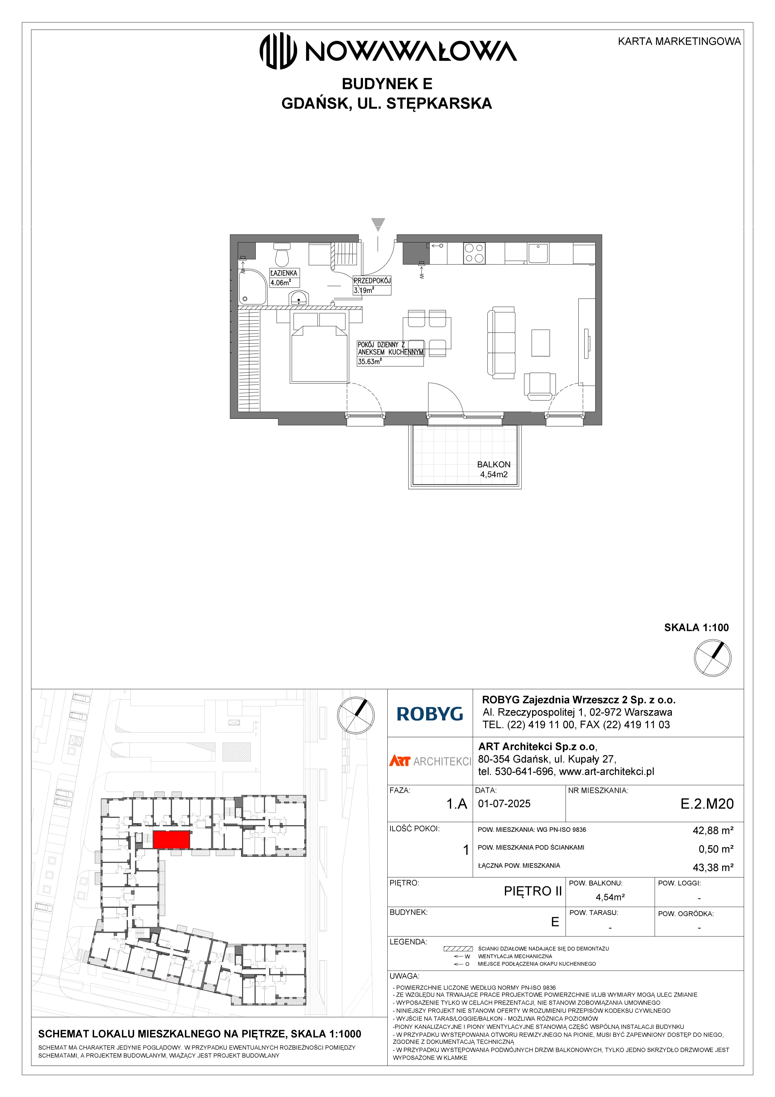 1 pokój, mieszkanie 42,88 m², piętro 2, oferta nr E.2M20, Nowa Wałowa, Gdańsk, Śródmieście, ul. Stępkarska / Wiosna Ludów