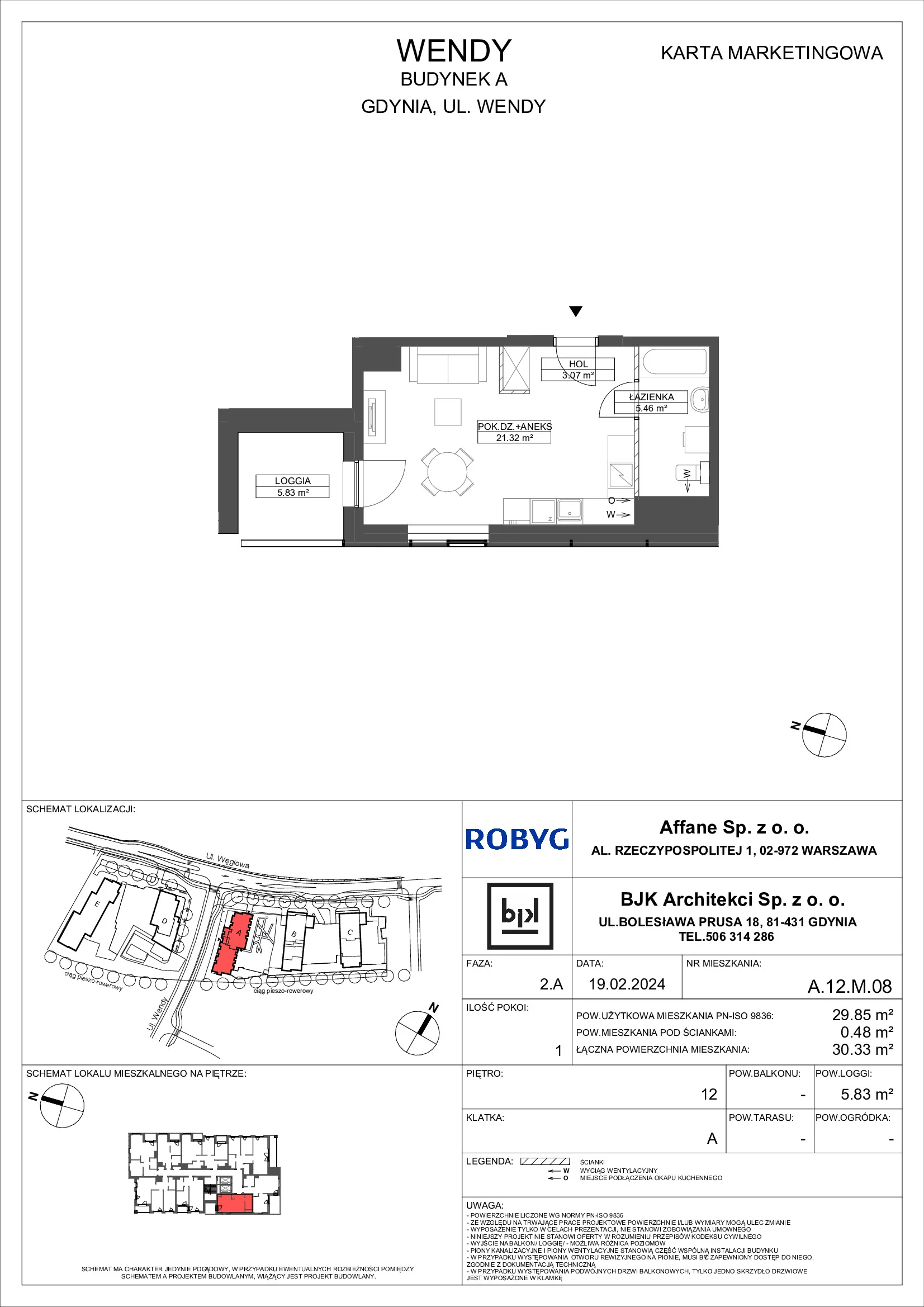 Mieszkanie 29,85 m², piętro 12, oferta nr A.12M08, WENDY, Gdynia, Śródmieście, Śródmieście, ul. Wendy 7/9