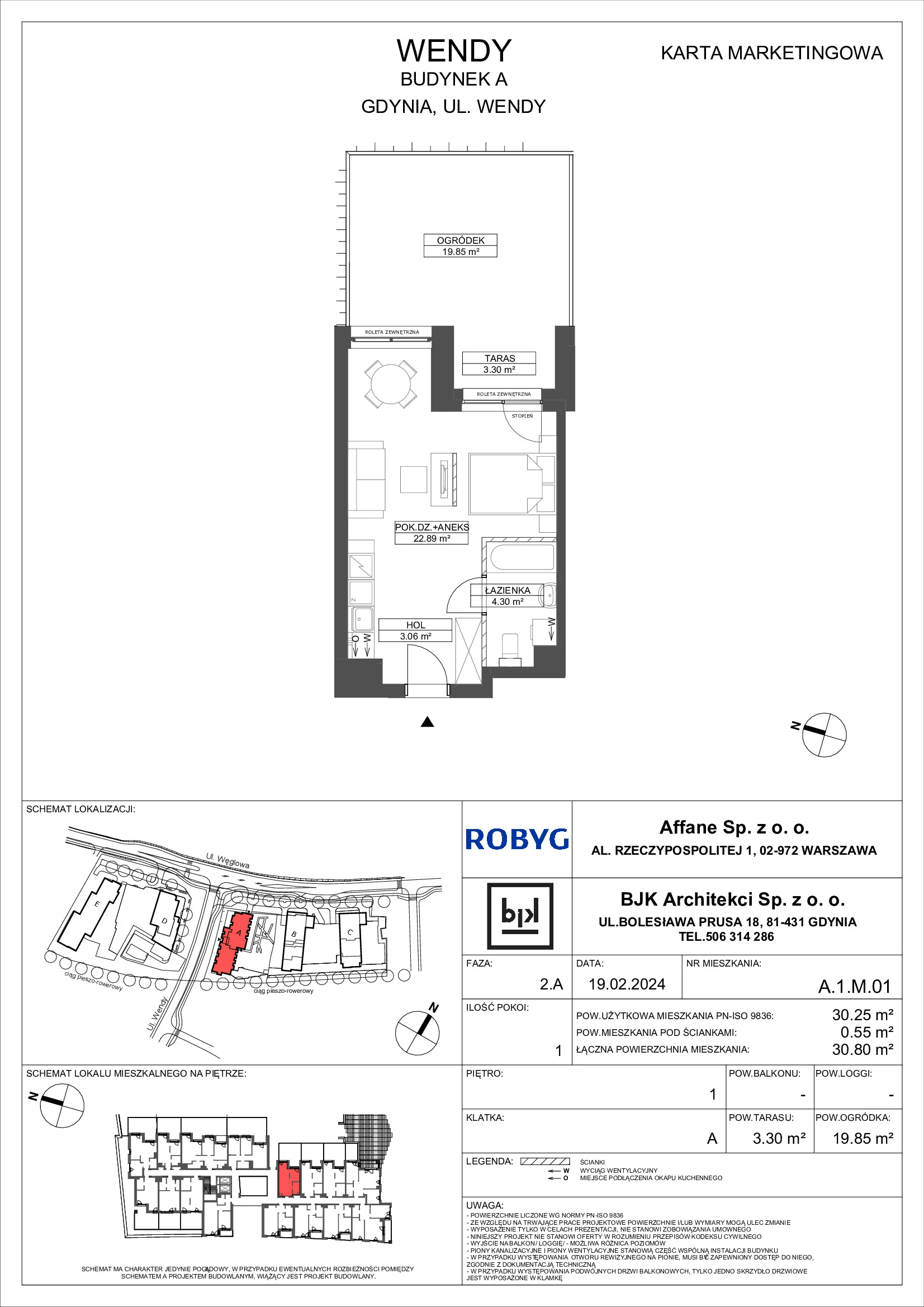 Mieszkanie 30,25 m², piętro 1, oferta nr A.1M01, WENDY, Gdynia, Śródmieście, Śródmieście, ul. Wendy 7/9