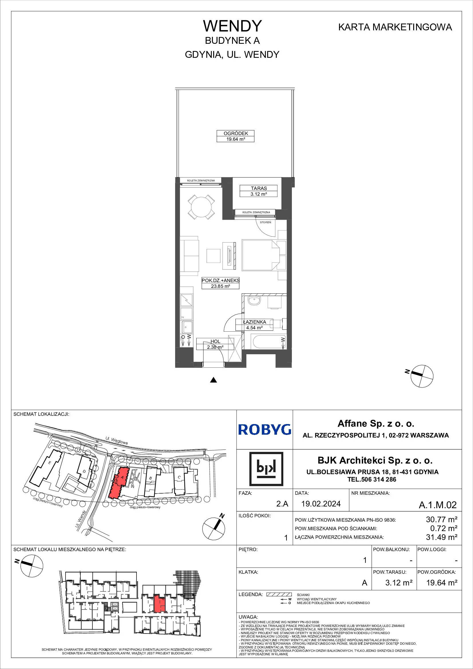 Mieszkanie 30,77 m², piętro 1, oferta nr A.1M02, WENDY, Gdynia, Śródmieście, Śródmieście, ul. Wendy 7/9