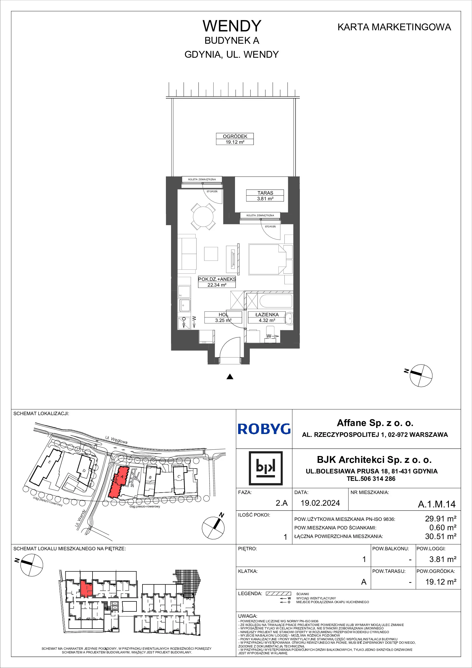 Mieszkanie 29,91 m², piętro 1, oferta nr A.1M14, WENDY, Gdynia, Śródmieście, Śródmieście, ul. Wendy 7/9