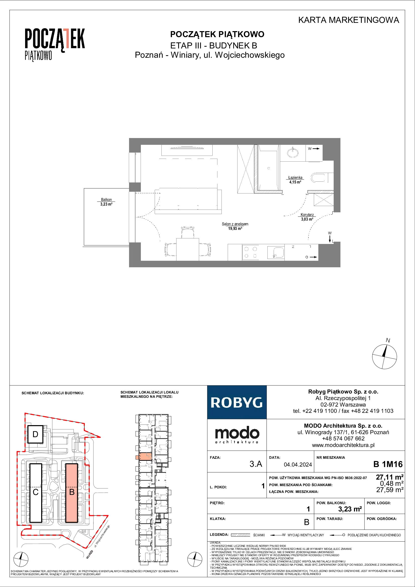 Mieszkanie 27,11 m², piętro 1, oferta nr B.1M16, Początek Piątkowo, Poznań, Piątkowo, ul. Wojciechowskiego