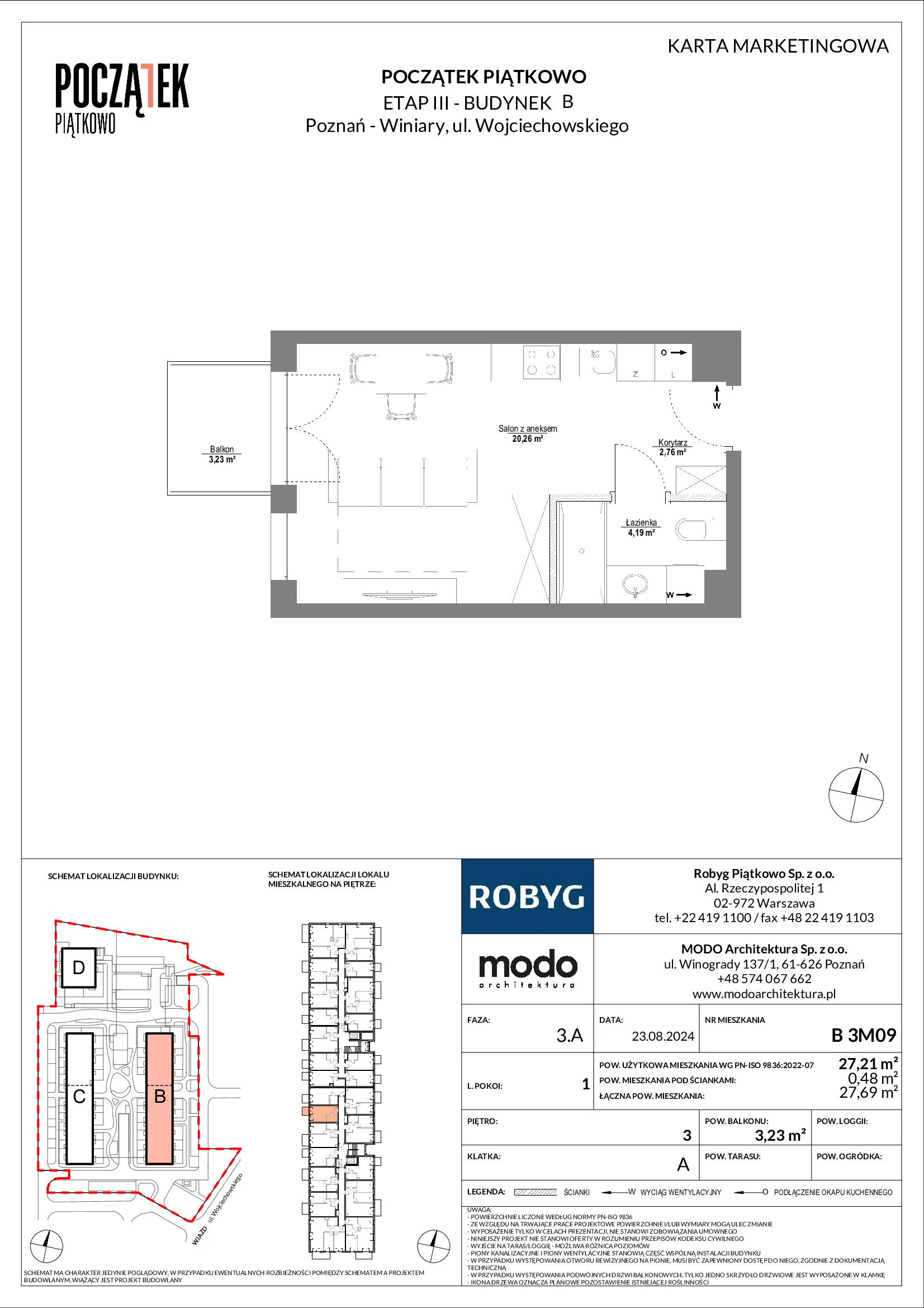 Mieszkanie 27,21 m², piętro 3, oferta nr B.3M09, Początek Piątkowo, Poznań, Piątkowo, ul. Wojciechowskiego