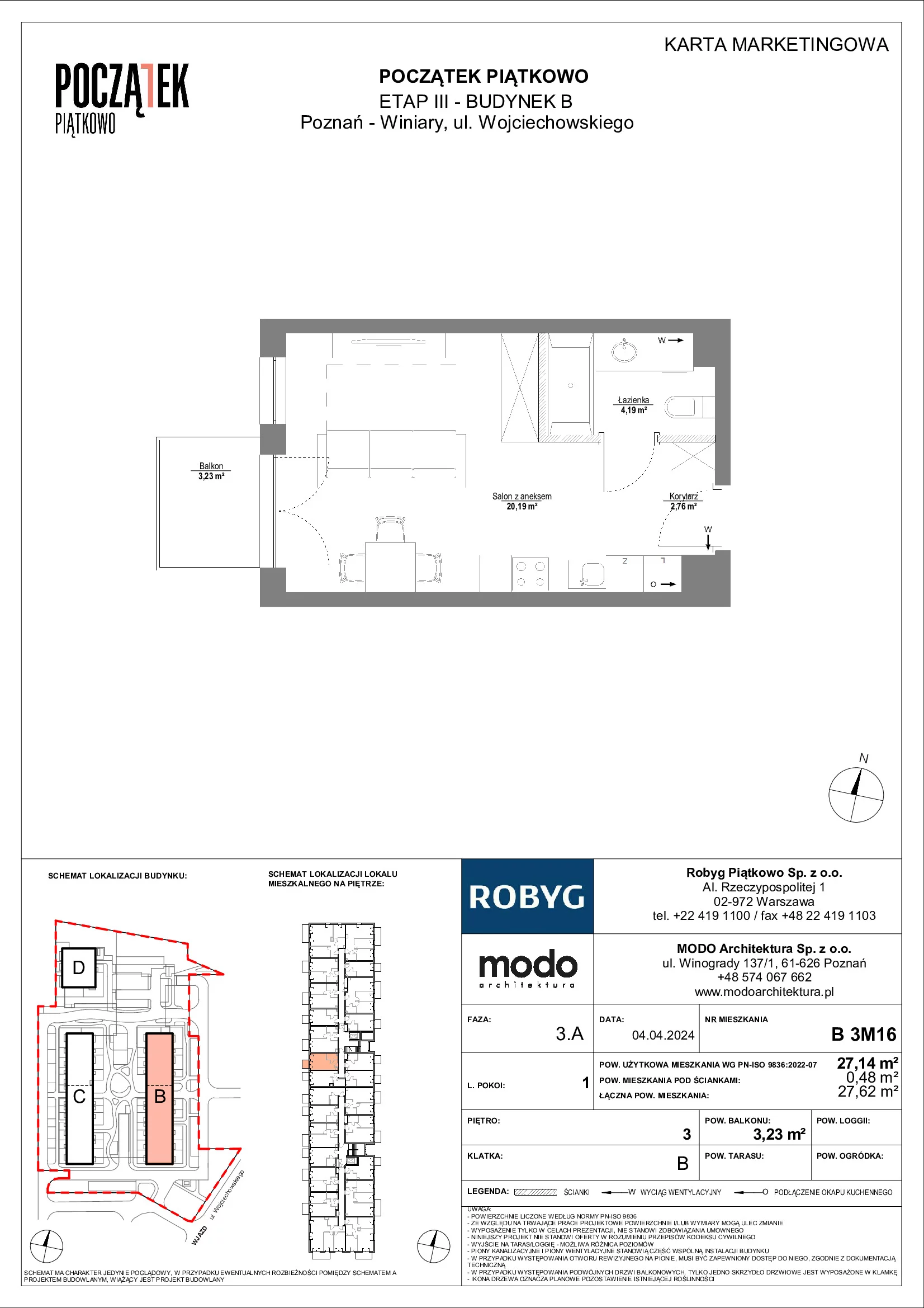 Mieszkanie 27,14 m², piętro 3, oferta nr B.3M16, Początek Piątkowo, Poznań, Piątkowo, ul. Wojciechowskiego