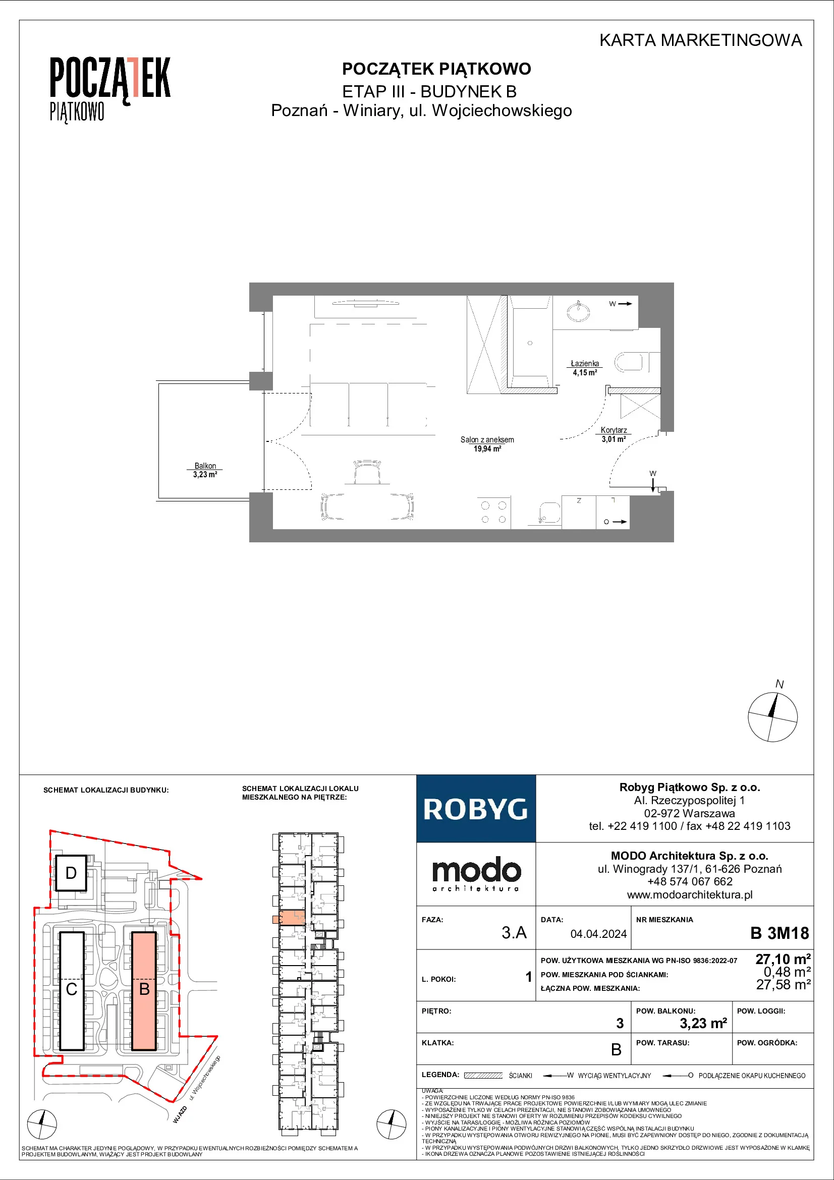Mieszkanie 27,10 m², piętro 3, oferta nr B.3M18, Początek Piątkowo, Poznań, Piątkowo, ul. Wojciechowskiego