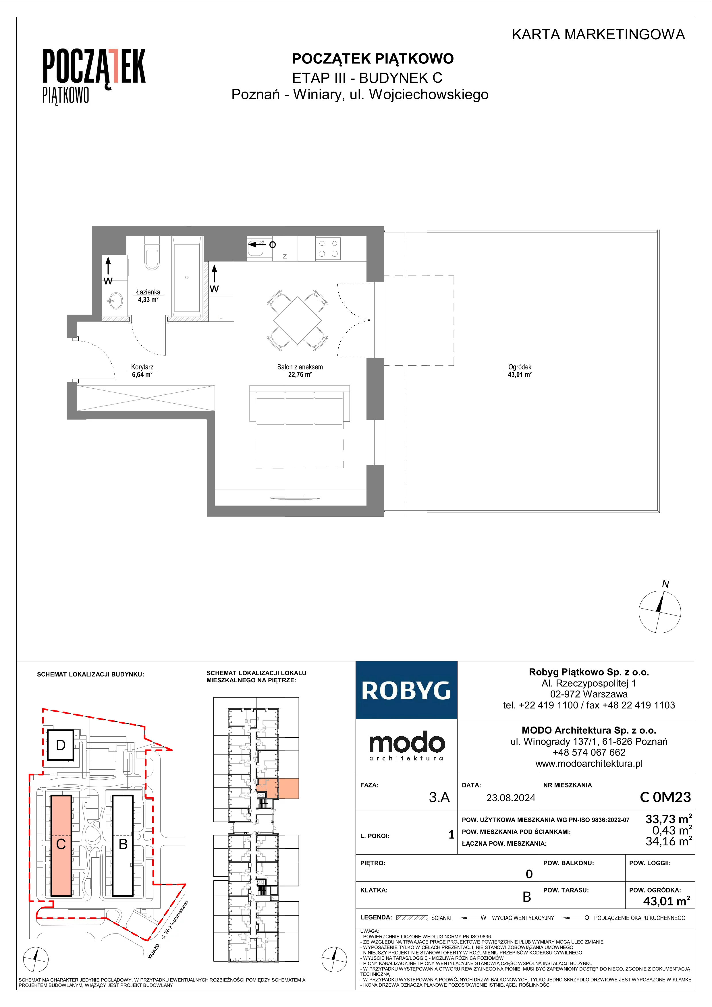 1 pokój, mieszkanie 33,73 m², parter, oferta nr C.0M23, Początek Piątkowo Budynek C, Poznań, Piątkowo, ul. Wojciechowskiego