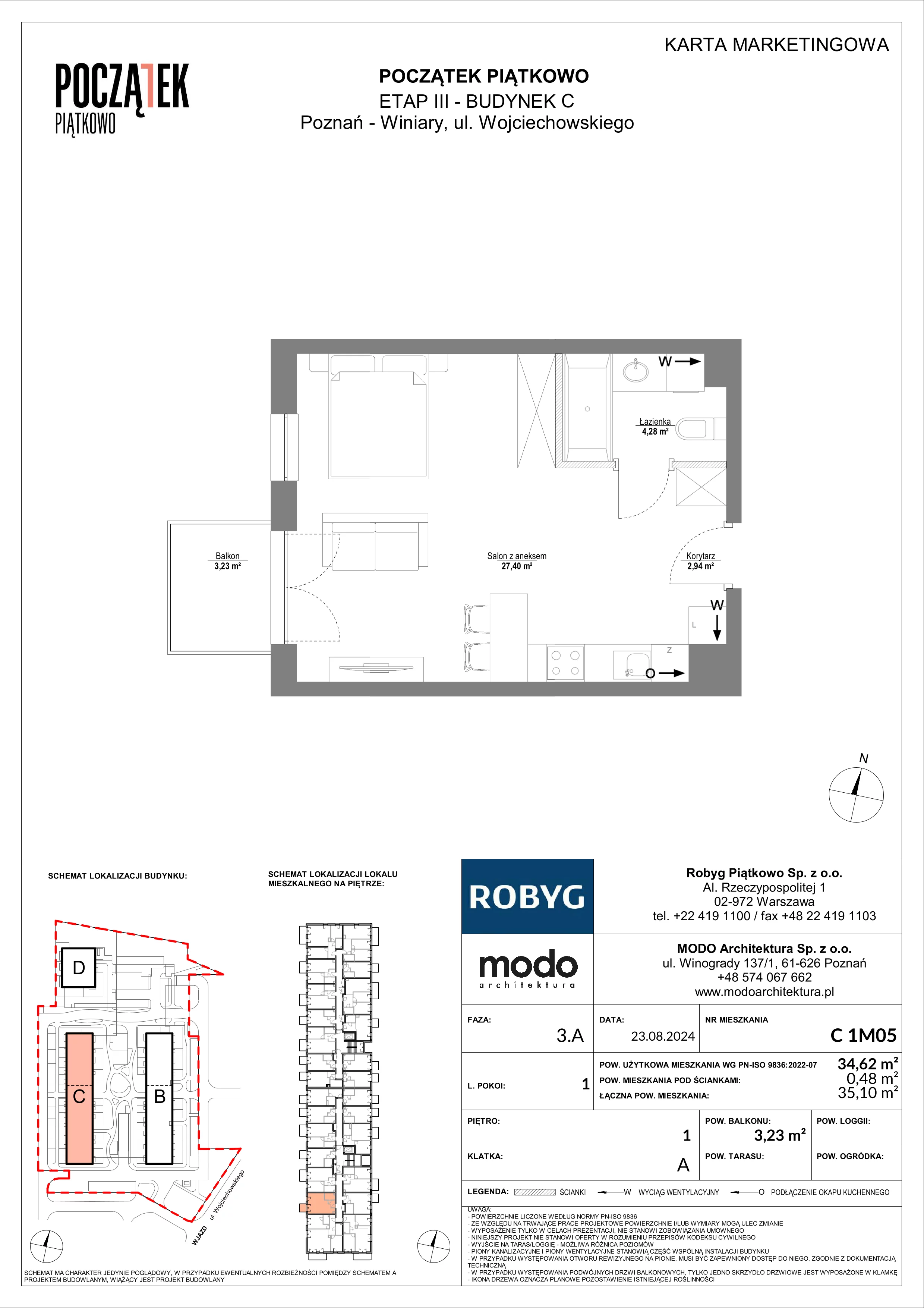 1 pokój, mieszkanie 34,62 m², piętro 1, oferta nr C.1M05, Początek Piątkowo Budynek C, Poznań, Piątkowo, ul. Wojciechowskiego