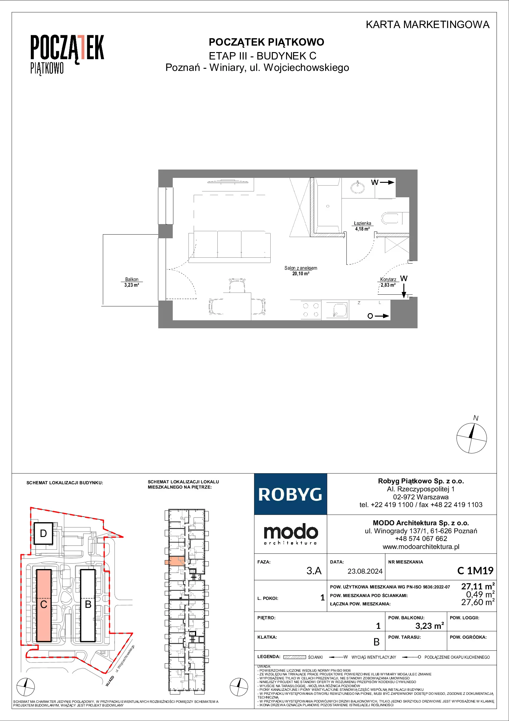 Mieszkanie 27,11 m², piętro 1, oferta nr C.1M19, Początek Piątkowo Budynek C, Poznań, Piątkowo, ul. Wojciechowskiego