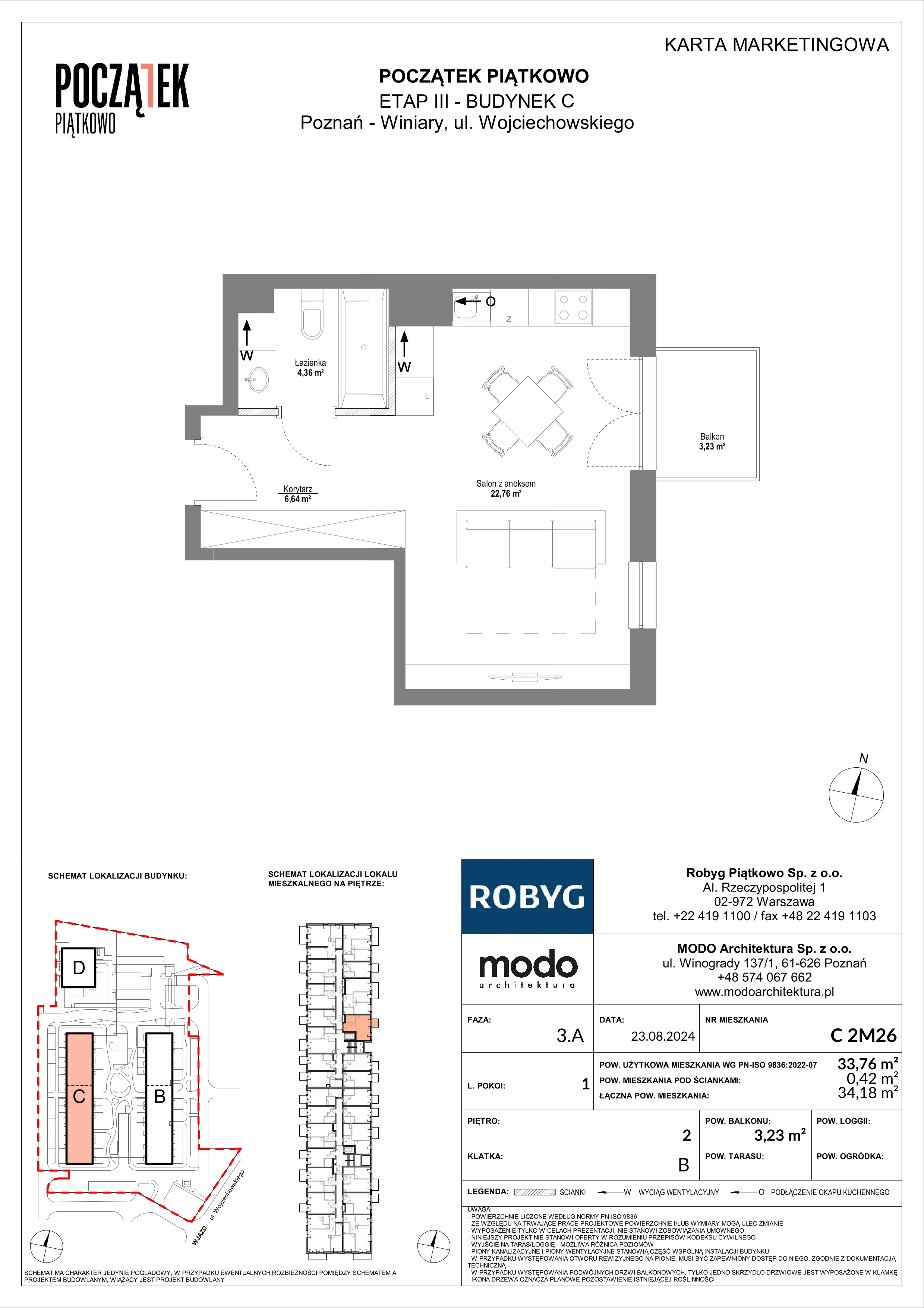 1 pokój, mieszkanie 33,76 m², piętro 2, oferta nr C.2M26, Początek Piątkowo Budynek C, Poznań, Piątkowo, ul. Wojciechowskiego