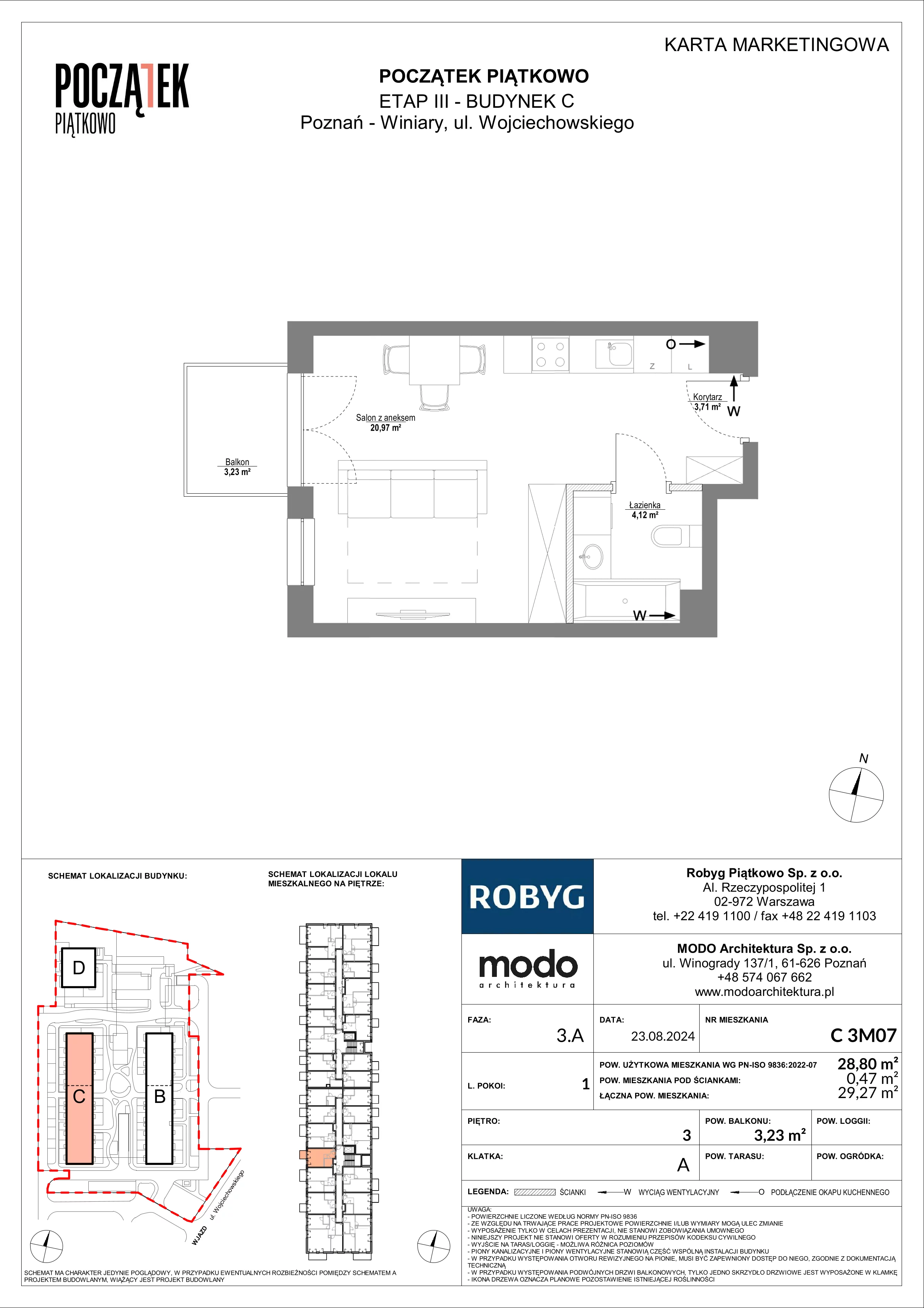 1 pokój, mieszkanie 28,80 m², piętro 3, oferta nr C.3M07, Początek Piątkowo Budynek C, Poznań, Piątkowo, ul. Wojciechowskiego