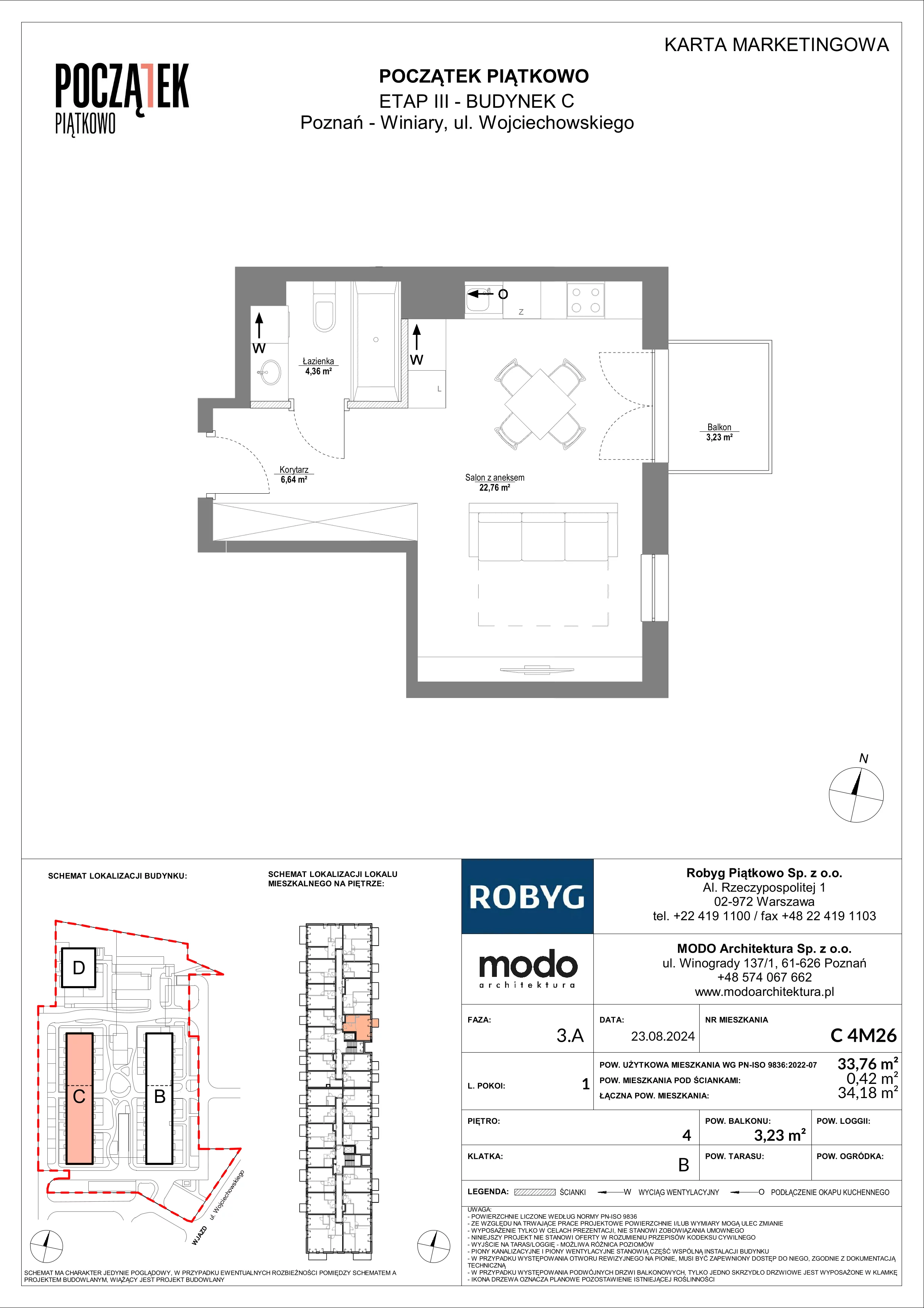 1 pokój, mieszkanie 33,76 m², piętro 4, oferta nr C.4M26, Początek Piątkowo Budynek C, Poznań, Piątkowo, ul. Wojciechowskiego