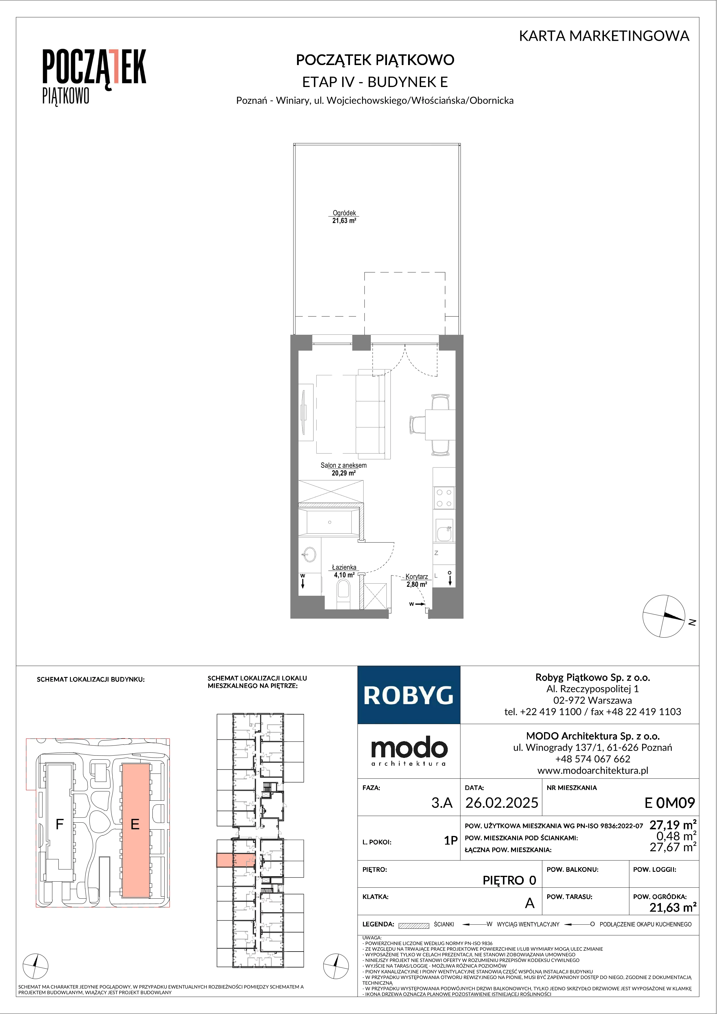 1 pokój, mieszkanie 27,19 m², parter, oferta nr E.0M09, Początek Piątkowo Budynek E, Poznań, Piątkowo, ul. Wojciechowskiego