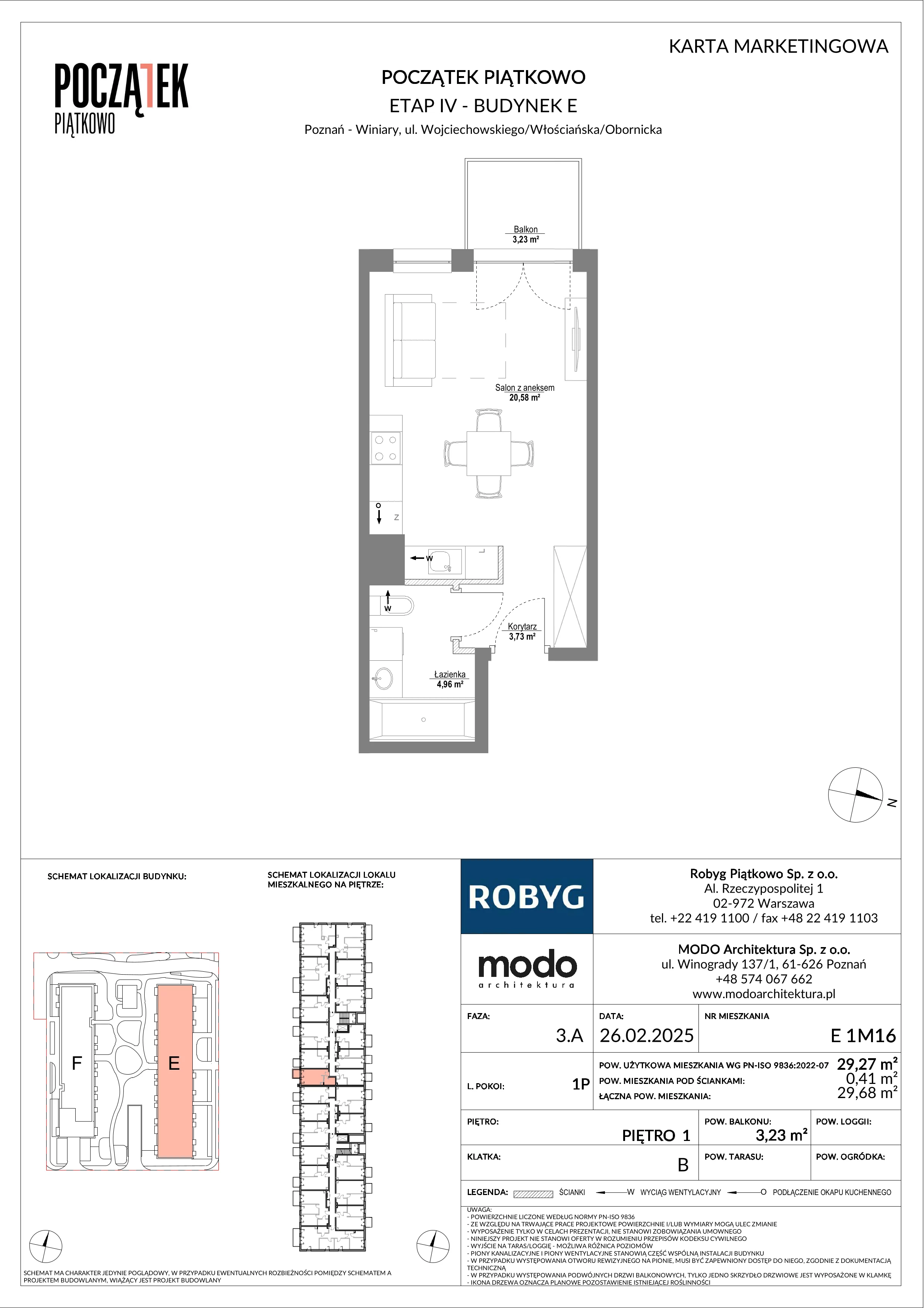 1 pokój, mieszkanie 29,27 m², piętro 1, oferta nr E.1M16, Początek Piątkowo Budynek E, Poznań, Piątkowo, ul. Wojciechowskiego
