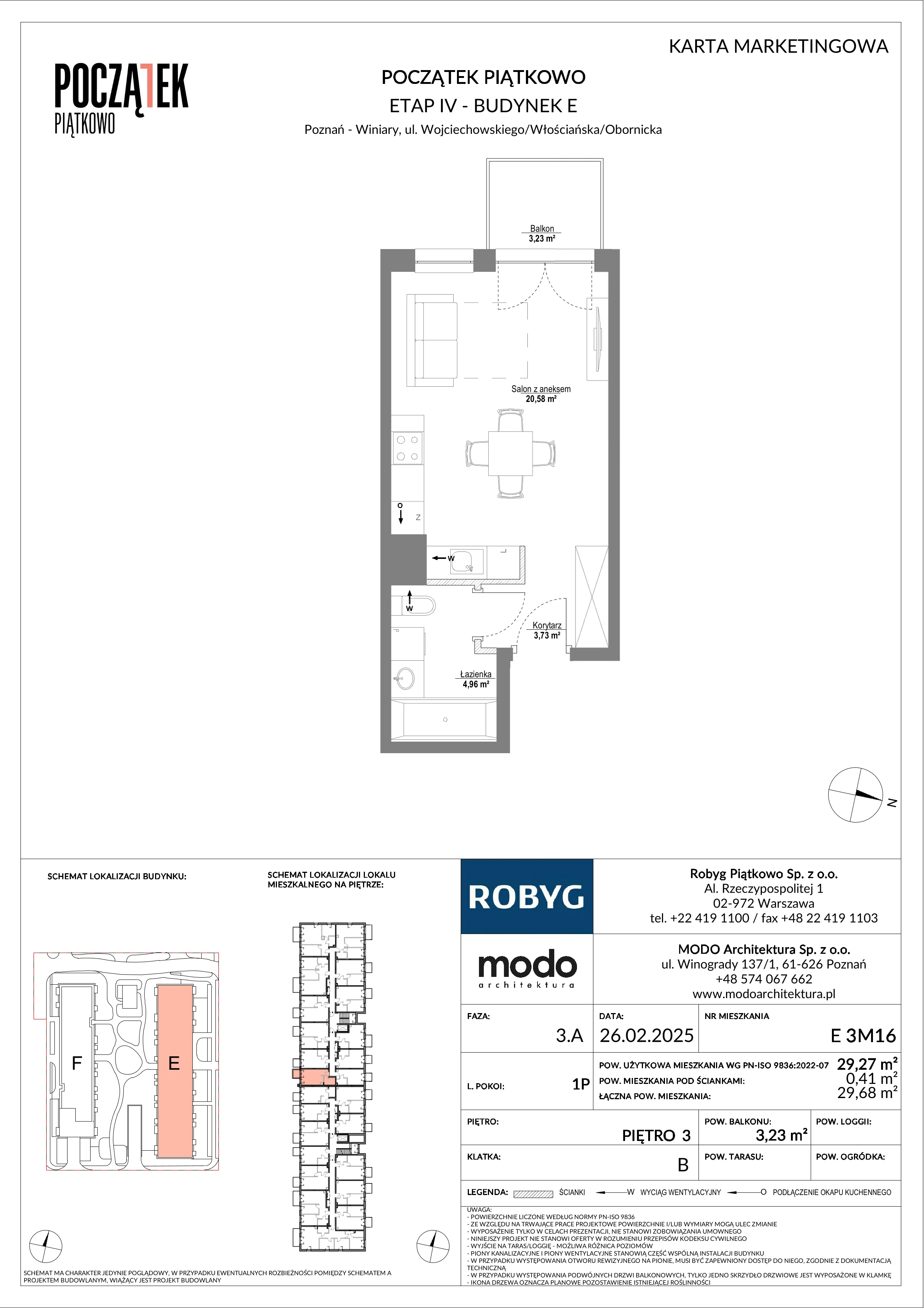 1 pokój, mieszkanie 29,27 m², piętro 3, oferta nr E.3M16, Początek Piątkowo Budynek E, Poznań, Piątkowo, ul. Wojciechowskiego